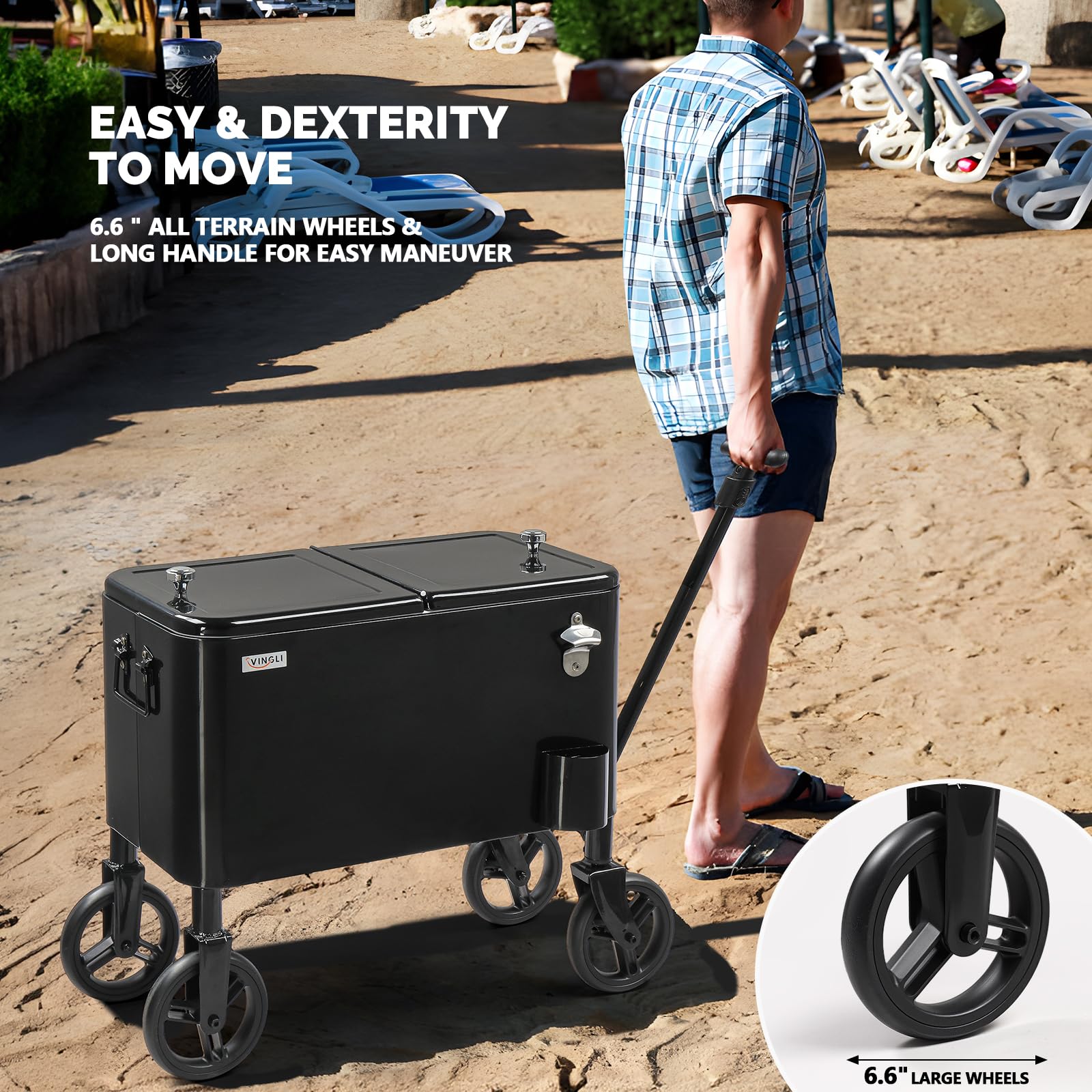 Bonnlo Carro Nevera 57 L con Ruedas Nevera Exterior para Patio, Enfriador con Abrebotellas, Ideal para Playa, Jardín y Parque, Negro