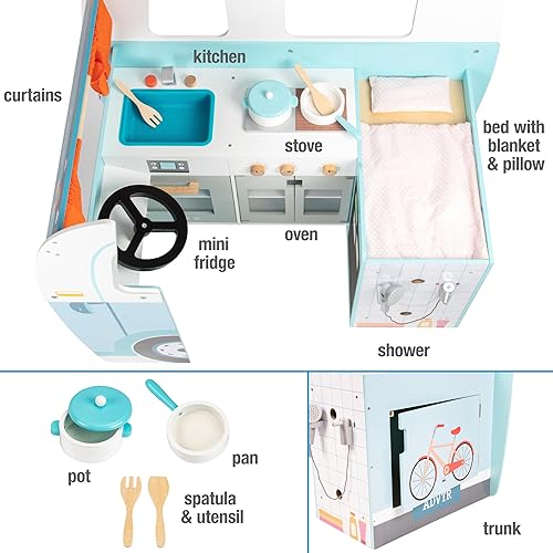 Miniatura 4 de Juego de juguete de madera con volante, cocina, estufa, horno, cama, almohada, ducha de simulación, cortinas, calcomanías personalizadas, interior