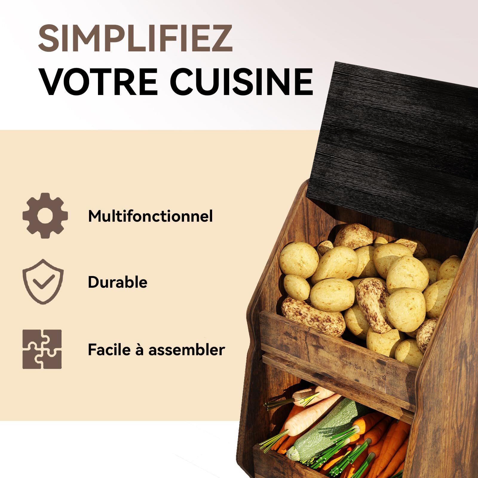 YU YUSING Garde Manger Grillagé Fruits Légumes XXL-3 Étagères avec Roulettes, Rangement Pomme de Terre Cuisine, Boîte à Pain Mobile en Bois avec Couvercle, Chariot Stockage, Fromage, Marron Rustique