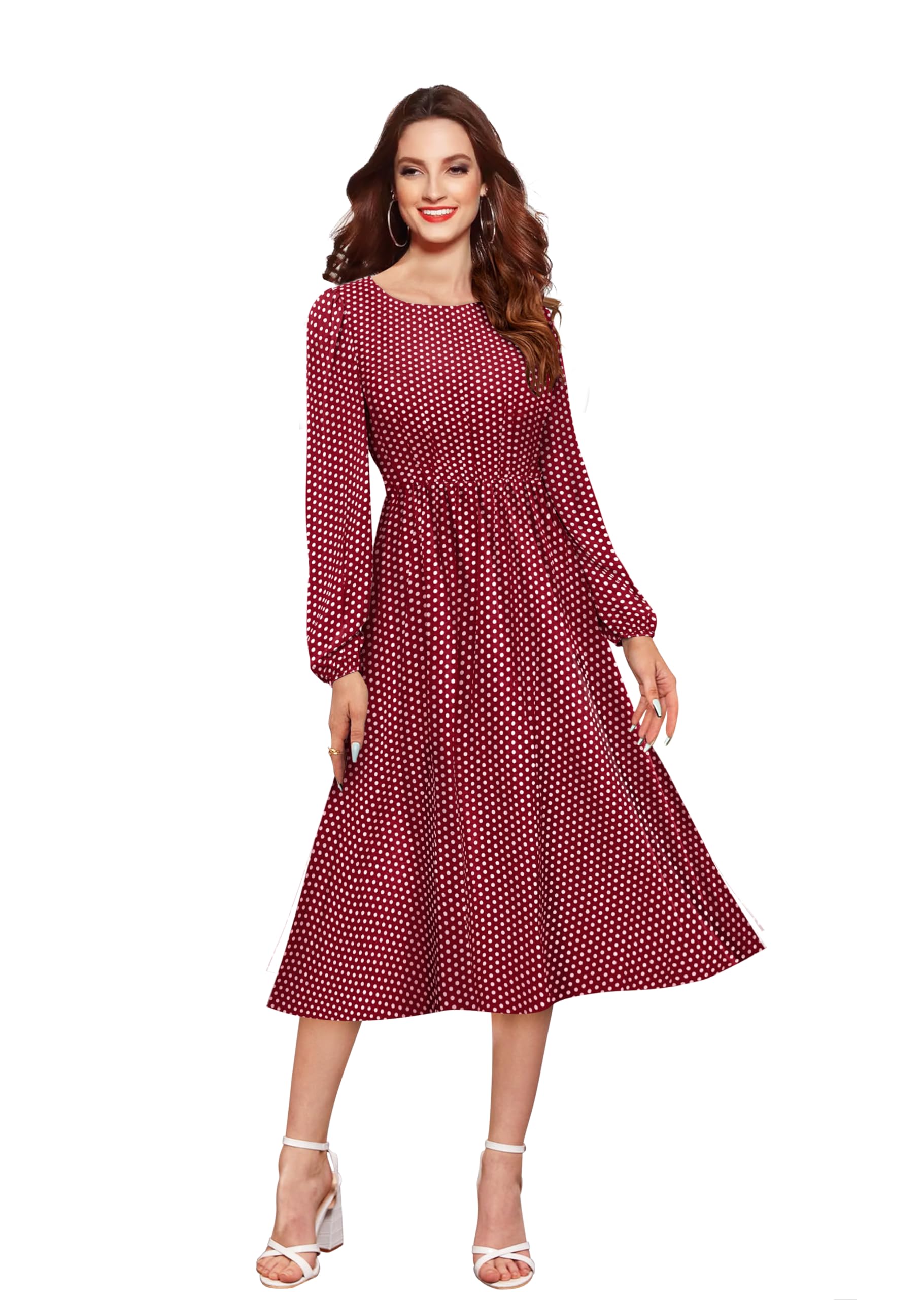 Toochki Women's Maroon Muslin Polka Dot Fit & Flared Western Dress | Dress For Women | A Line Dress | Winter Dress | Western Dress | Latest Women Dress | Trendy Dress | Midi Dress