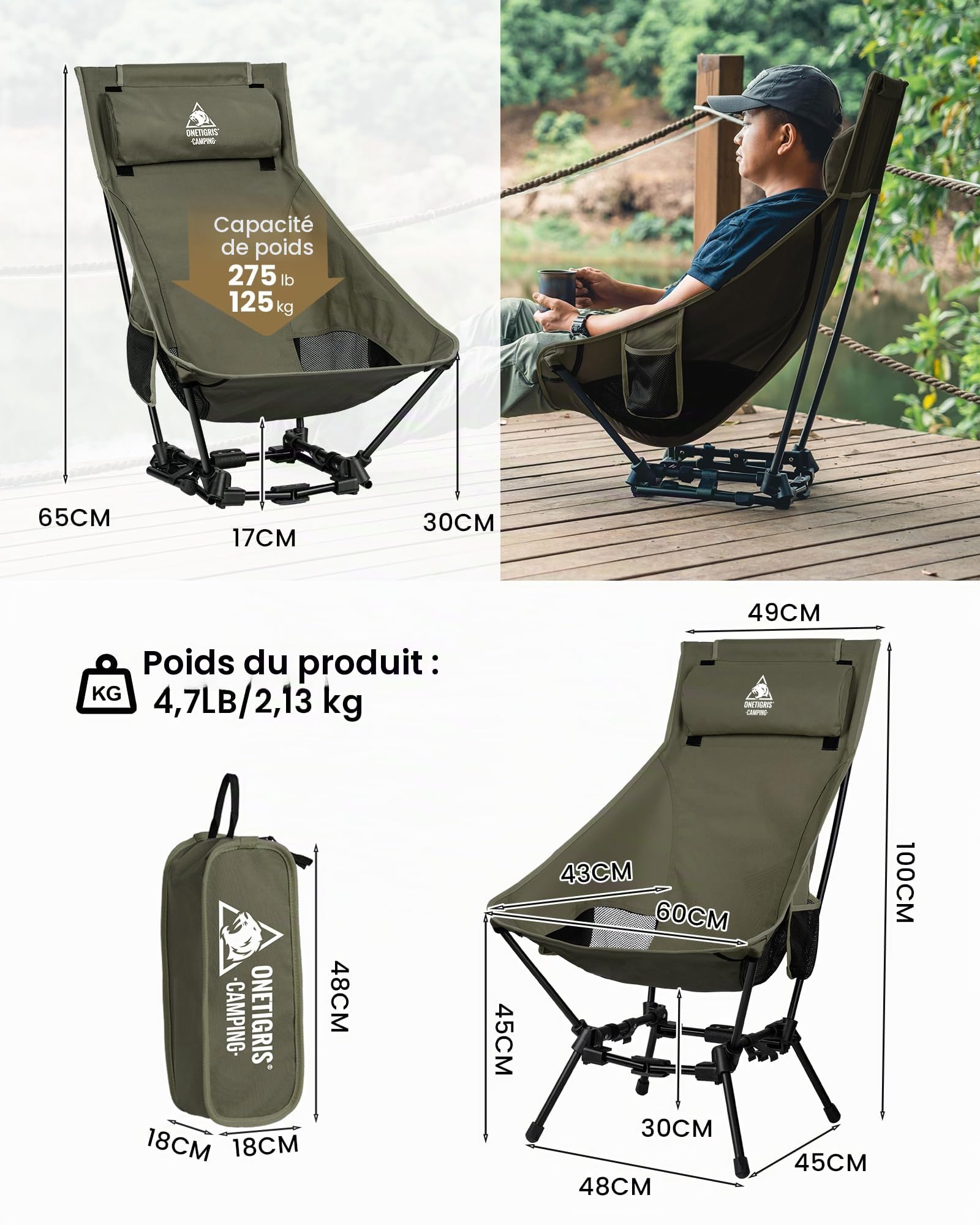 Chaise de camping OneTigris Dragonhide, chaise à dossier haut, chaise pliable, 150 kg, chaise de camping légère, chaise de pêche pliable avec 2 poches latérales, chaise pliante ultralégère pour