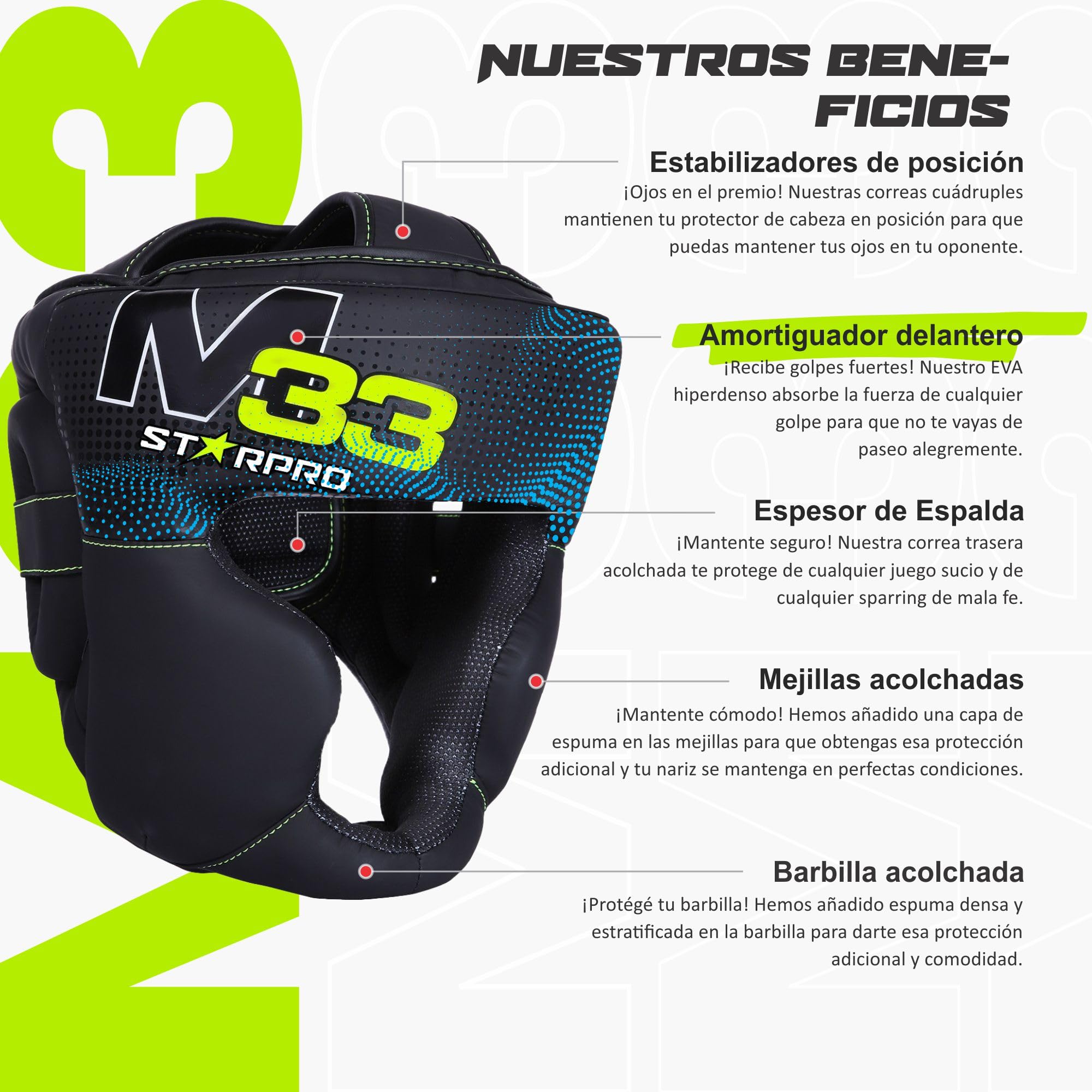 Starpro M33 Casco Boxeo de Cuero sintético Mate - Protección para la Cabeza y Las mejillas para Sparring en Boxeo Muay Thai Kickboxing Entrenamiento y peleas - Hombres y Mujeres - Negro y Verde