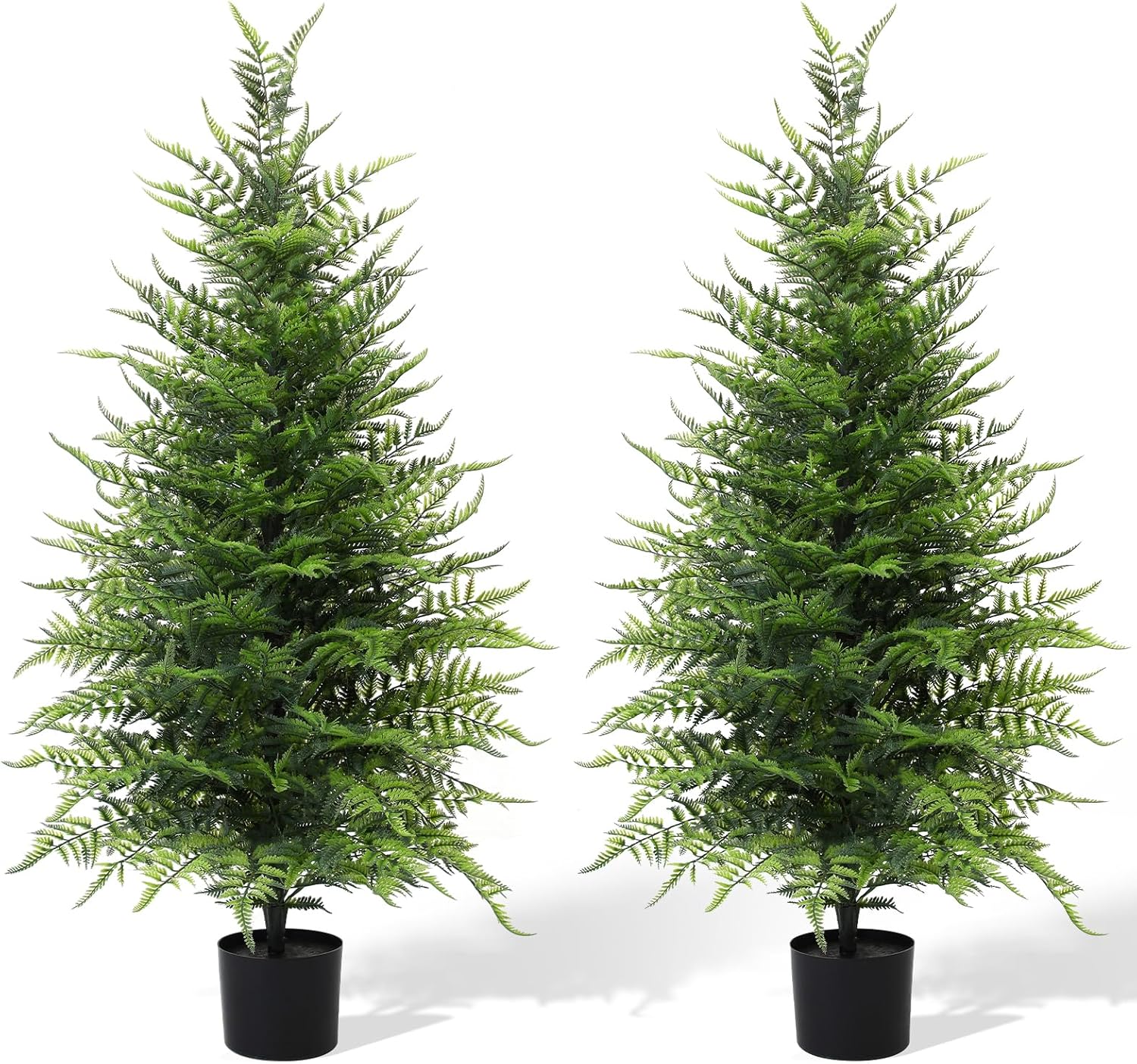 Artificial 4FT Fern Topiary Trees, Set of 2 Potted Realistic Boston Fern Plants Shrub, Fake UV Resistant Evergreen Bushes Tree for Porch Garden Indoor Outdoor Decor