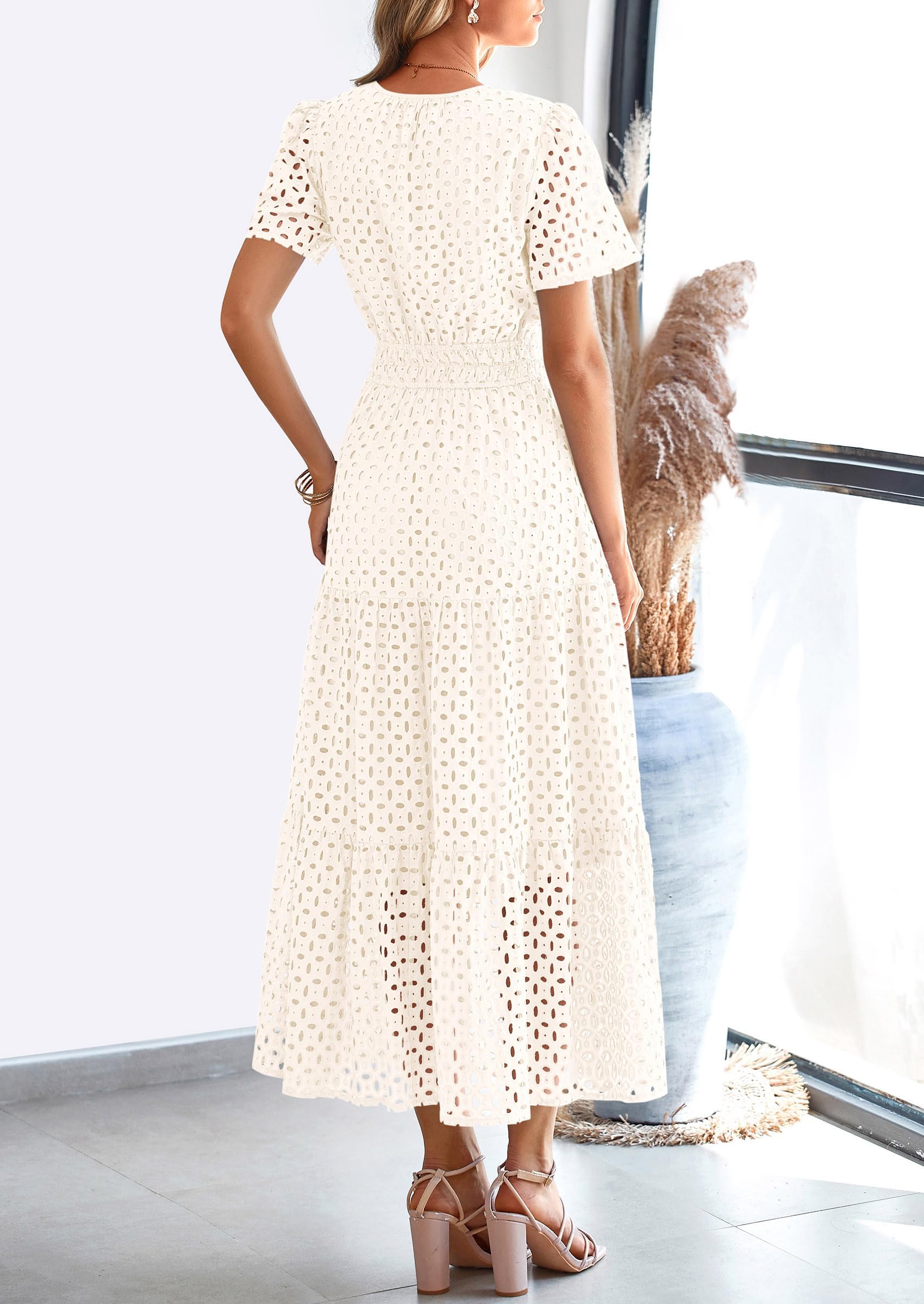 PRETTYGARDEN Womens 2026 Summer Maxi Dress Short Sleeve V Neck Hollow Out Eyelet A Line Long Flowy Beach Vacation Dresses: White Medium