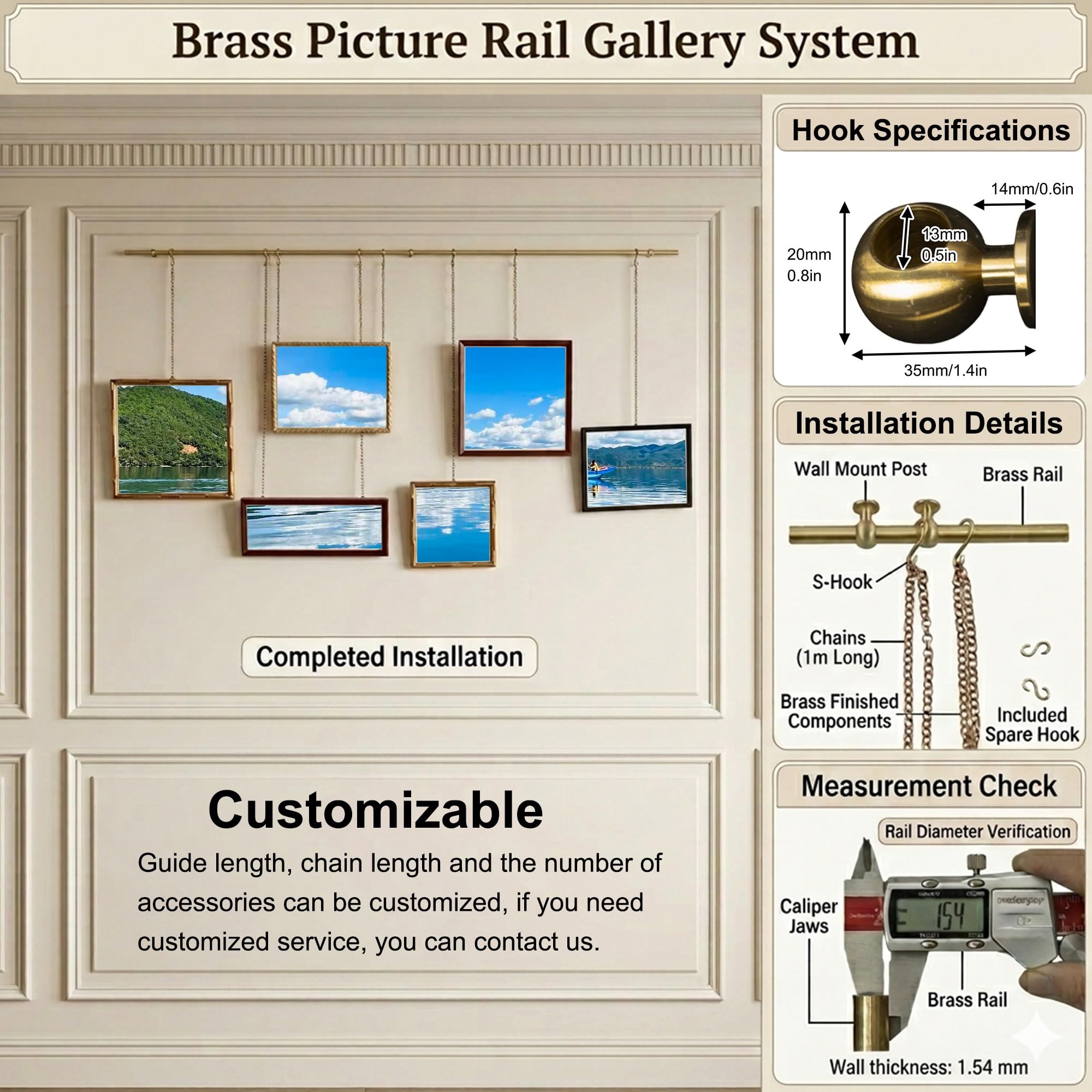 System de colgado con riel para cuadros, kit de alambre de latón para colgar obras, ideal para decoración de paredes estilo museo y galerías domésticas(250cm/98.4in)