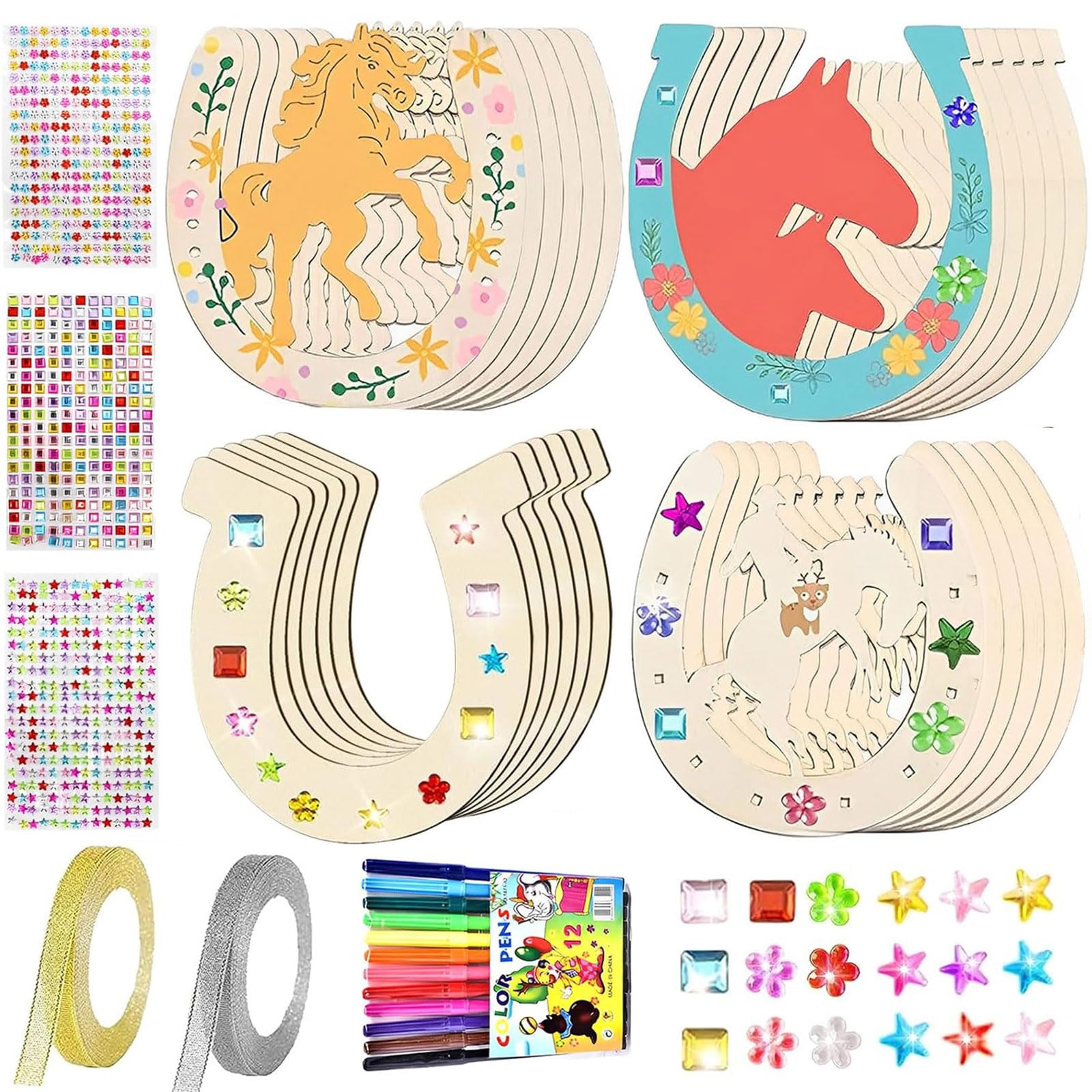 KIKVTER Madera de herradura, 24 piezas de madera de cumpleaños infantil de herradura, discos de madera de herradura sin terminar, manualidades de madera para niños con 12 lápices de acuarela, 3 pegati