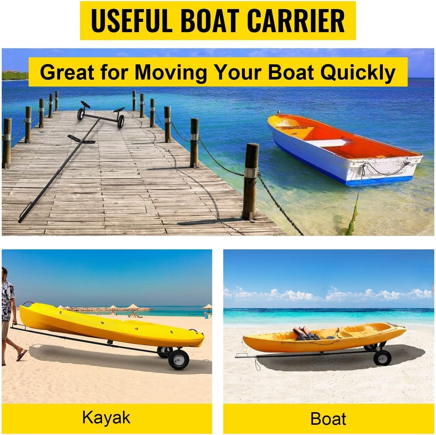 Kayak Canoe Boat Carrier Cart Trailer Trolley Mover Dolly Sand Wheels 360 LBS Trailer Capacity Adjustable Length