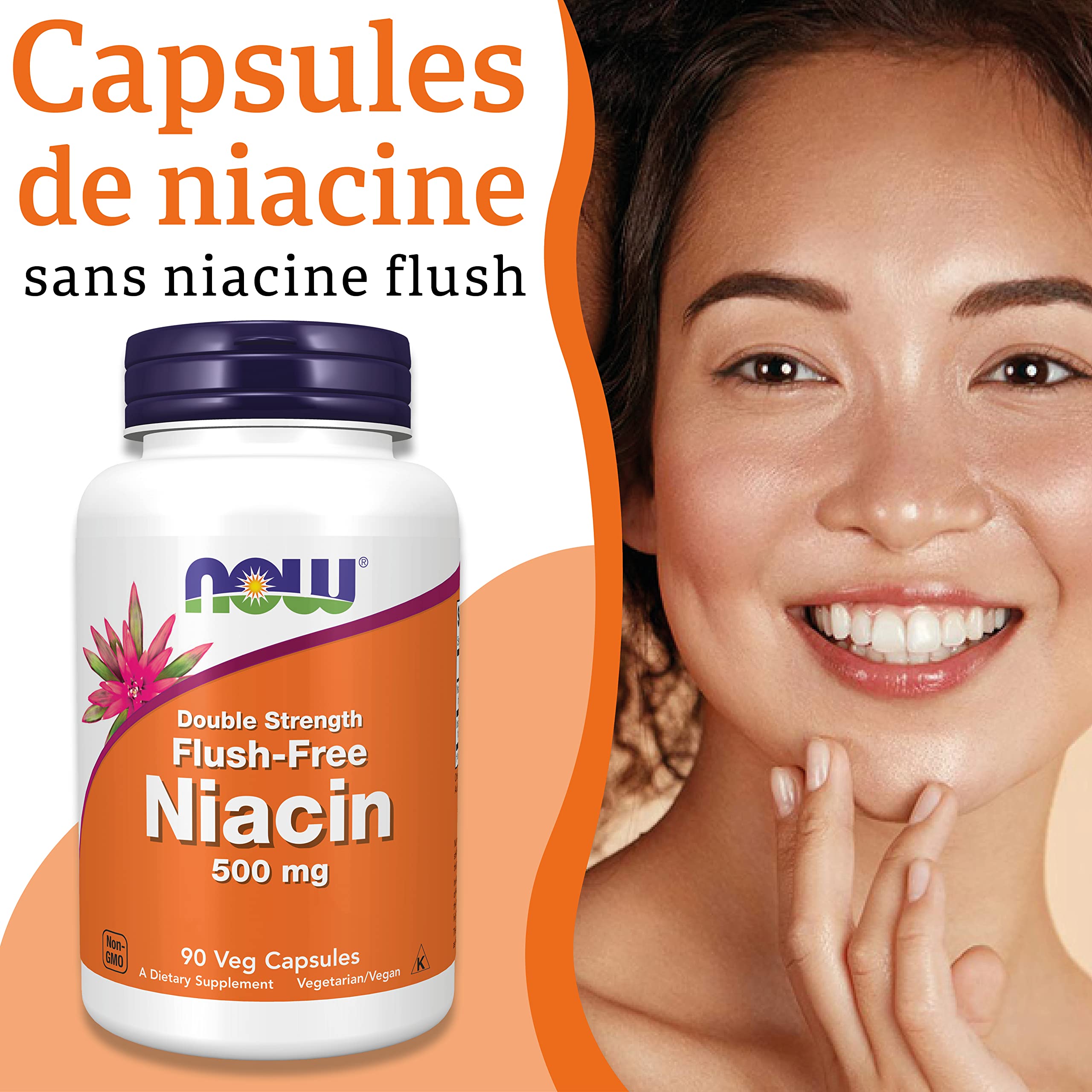 Now Foods, Niacine sans Effet de Flux, 500 mg, 90 Gélules végétaliennes, Testé en Laboratoire, Vitamine B3, Sans Soja, Sans Gluten, Végétarien