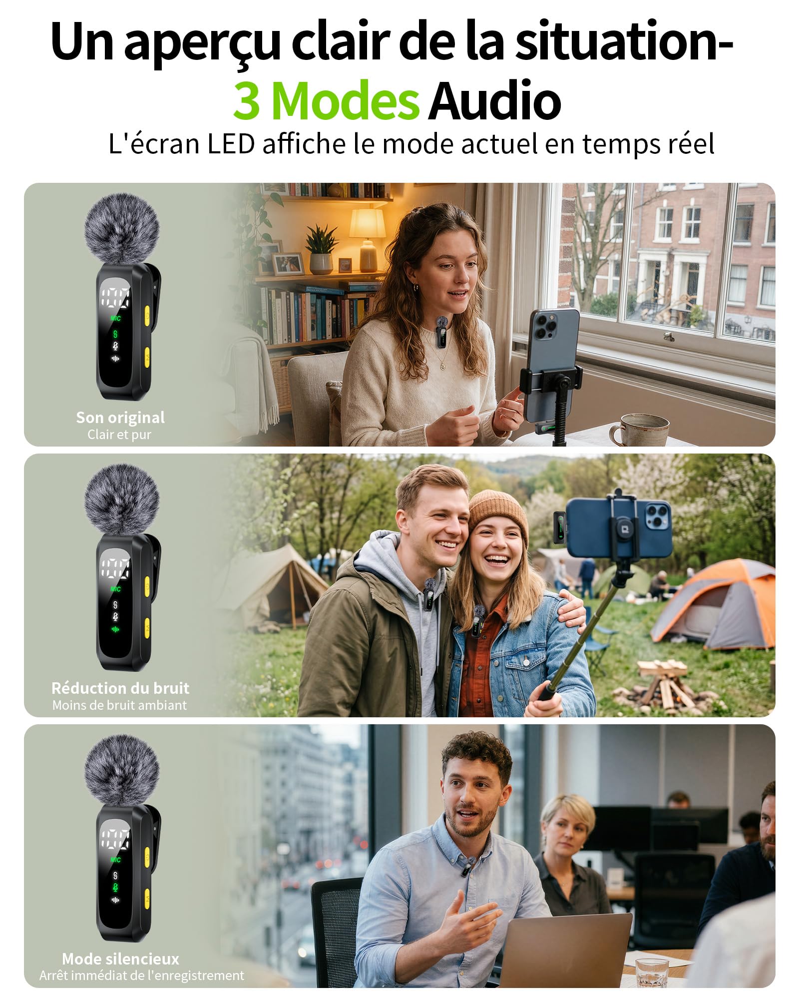 Micro Cravate Sans Fil Mini à Condensateur pour iPhone, Android et PC, Plug & Play avec Réduction du Bruit, Indicateur de Batterie et Bonnette Anti-Vent pour Vidéo, Streaming et Podcast (gris foncé)