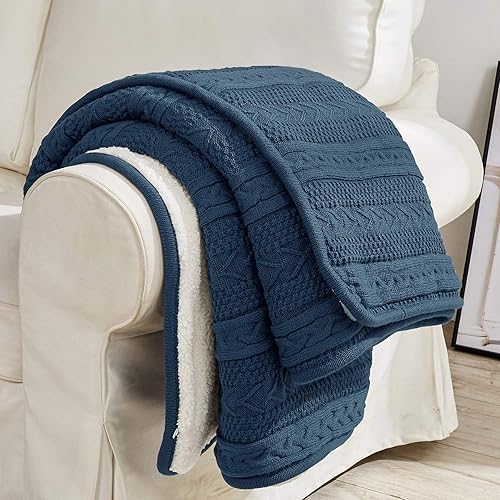 Miniatura 5 de Longhui bedding Manta de punto trenzado acrílico Sherpa  Gruesa, suave, grande, acogedora manta de lana de punto gris azul para sofá, cama, tamaño