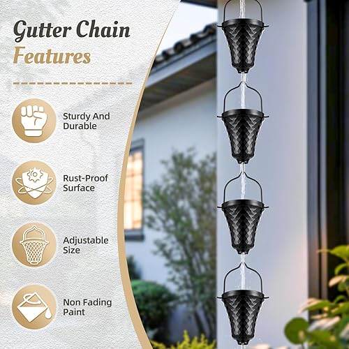 Miniatura 3 de Tfro & Cile Cadena de lluvia negra para descenso, desviador de agua exterior, decoración de jardín, campanilla, decoración del hogar, 8 12 pies de