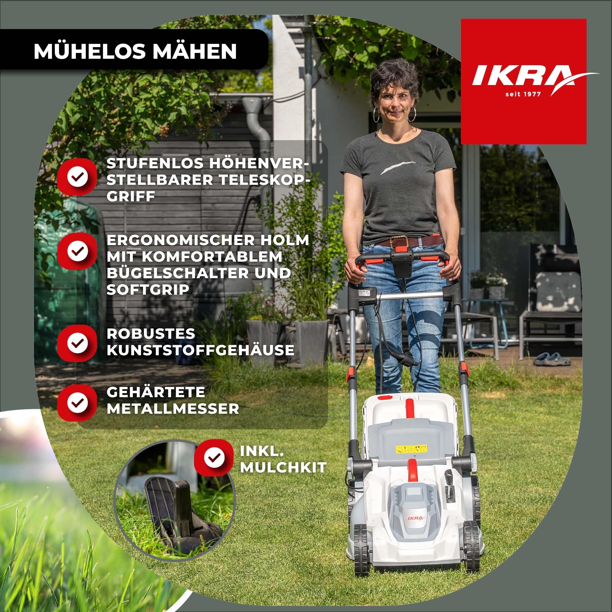 IKRA Elektro Rasenmäher IERM 2043 T, 2000W, 43cm, inkl. Ersatzmesser | Holm 3-fach höhenverstellbar, 5-fach Schnitthöhenverstellung 30-75mm, inkl. Fangsack 50l & Mulchkit, gehärtetes Metallmesser