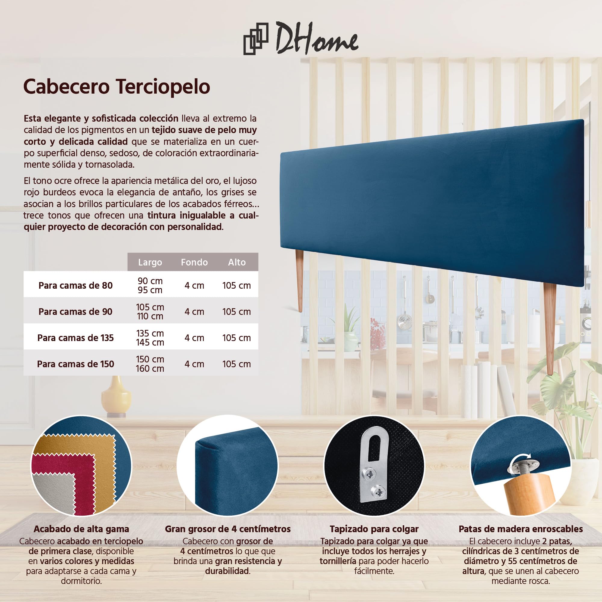DHOME Testiera in Velluto Liscio con gambe di Alta Gamma Moderna Testiera Imbottita Letto di Lusso Camera da Letto Imbottita (Blu, 160cm)