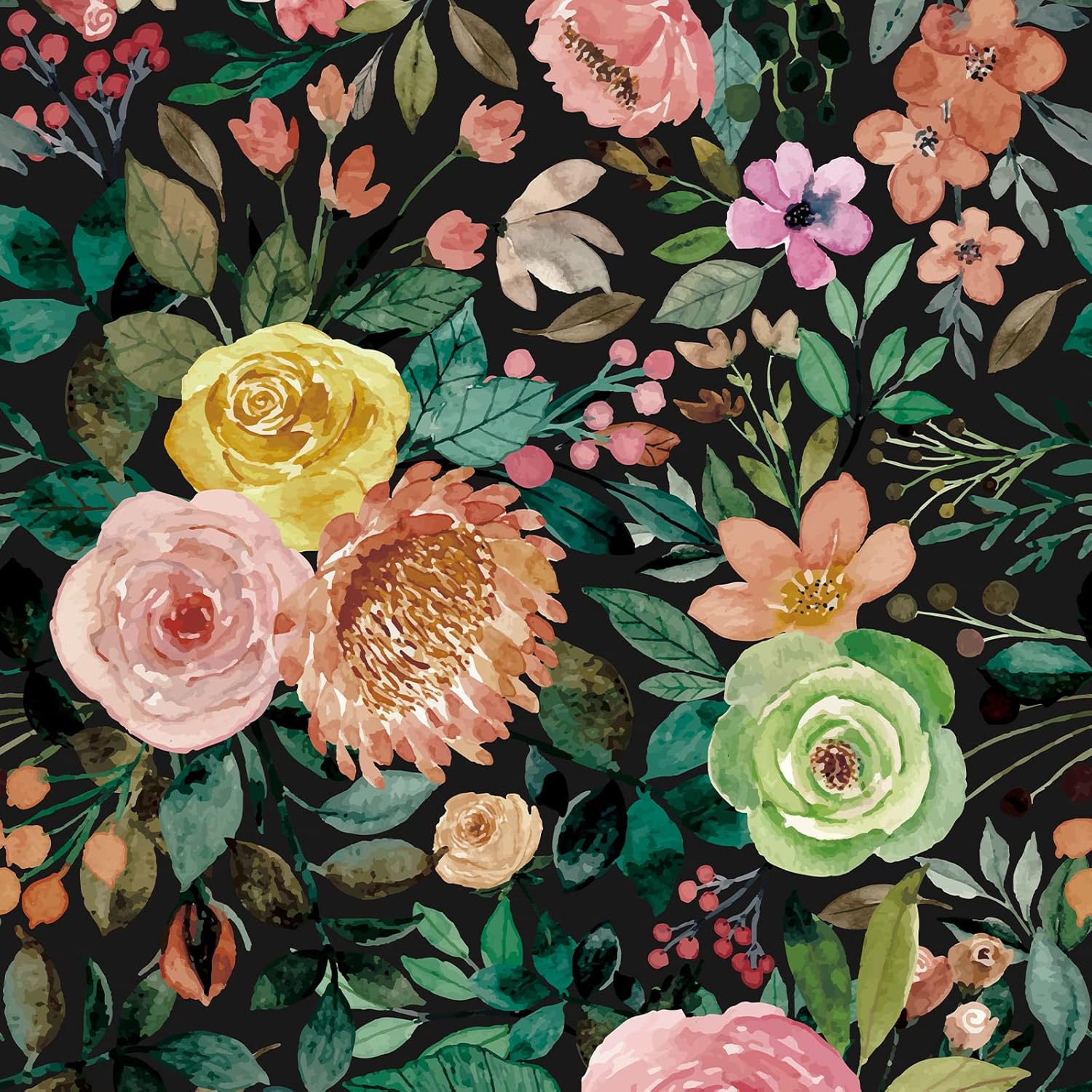 JiffDiff Dark Floral Peel and Stick Wallpaper 236.22" L x 17.7" W Black Watercolor Flower Wallpaper Wall Decor Wallcovering Wall Mural Cabinet