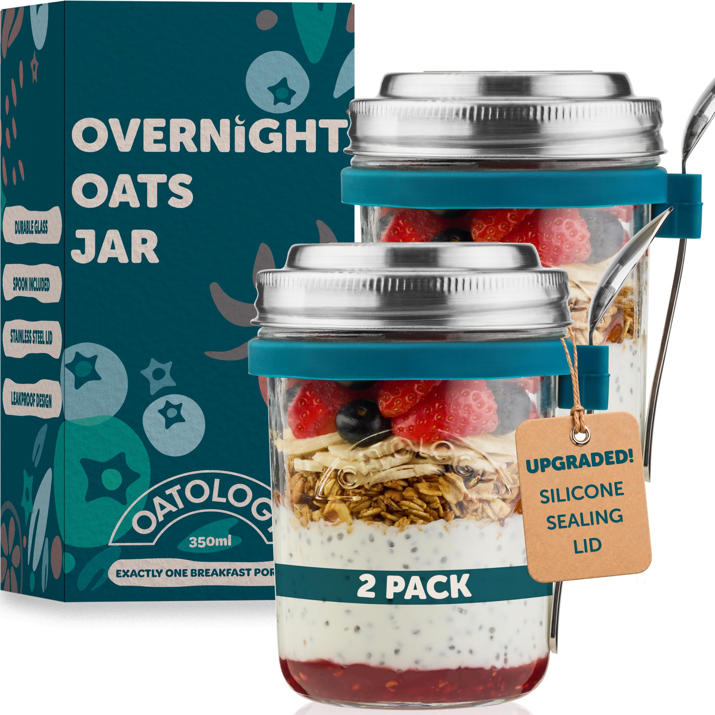 OATOLOGY Glass Overnight Oats Jar Container | Unique Leakproof Stainless Steel SIlicone Lids, Spoon, Thick Glass | Breakfast Pots for Chia Pudding Granola Yoghurt Porridge Cereal On-the-Go | 2 pack
