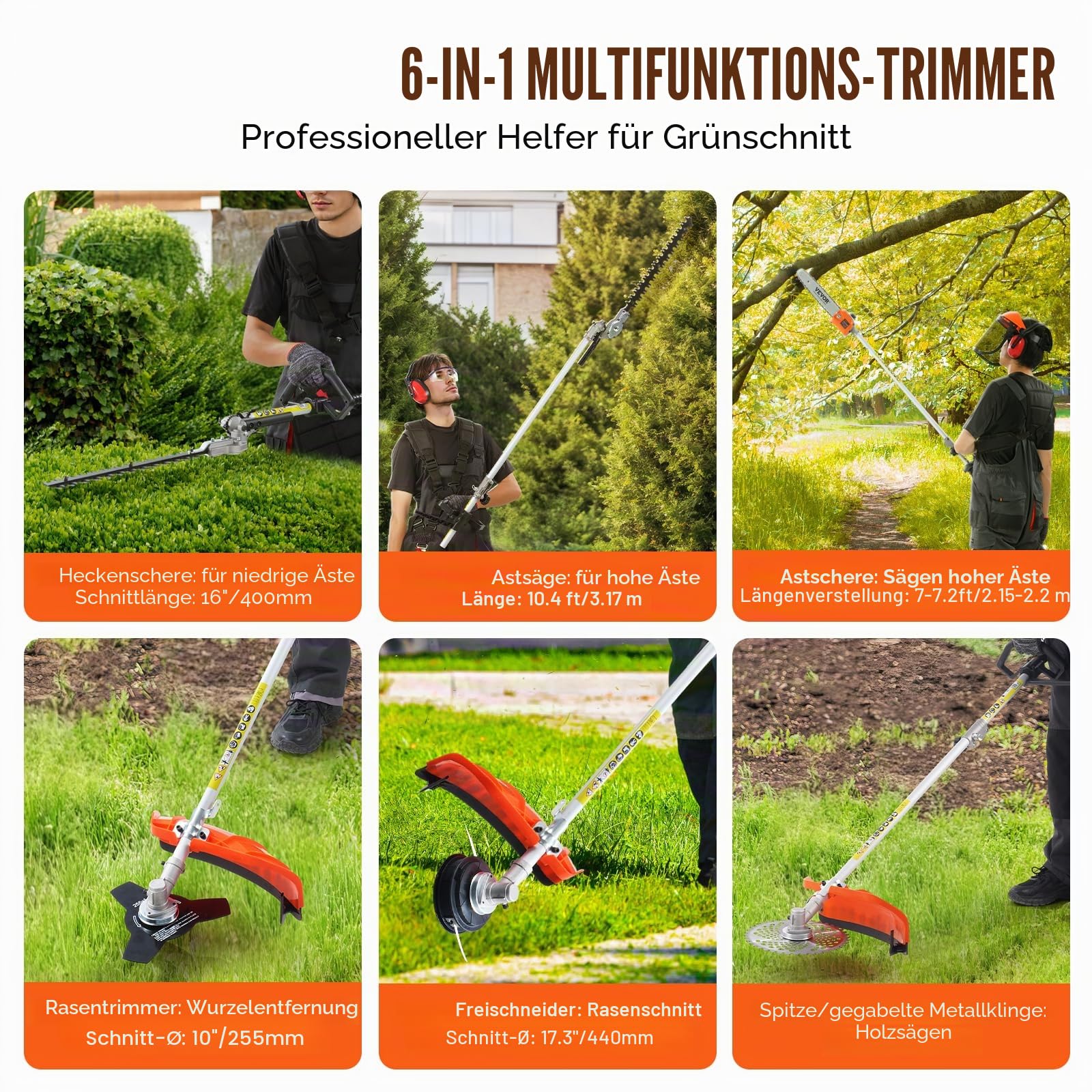VEVOR 52CC 6-in-1 Multifunktions-Heckentrimmer, Benzin-Heckenschere, Unkrautvernichter, Fadentrimmer, Freischneider, Kantenschneider, Hochentaster, Kettensäge, Astsäge mit Verlängerungsstange