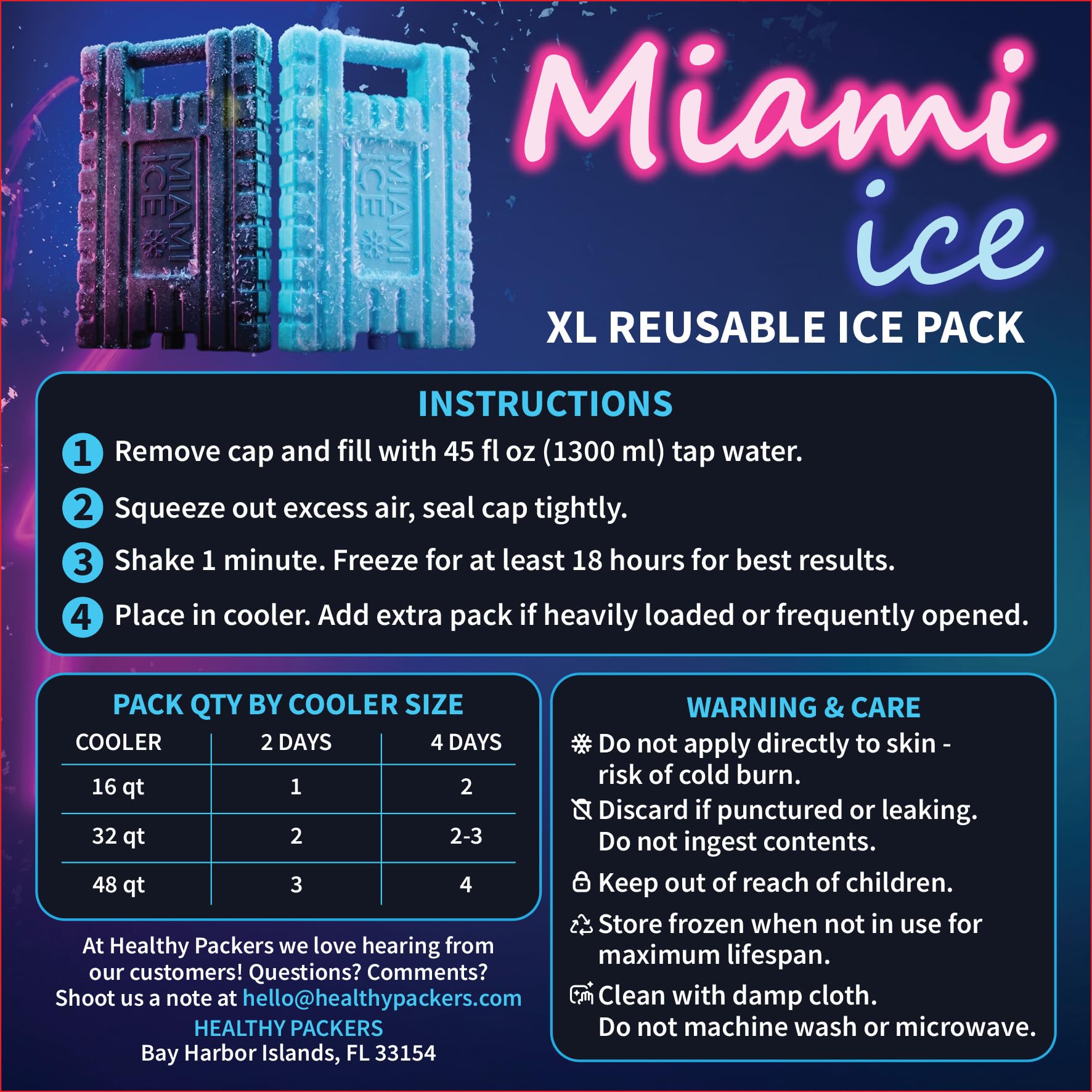 Miami Ice wiederverwendbarer XL-Kühler-Eisbeutel (30,5 x 22,9 cm) – ersetzt 9,5 kg Eis, bleibt 24–48 Stunden kalt, BPA-frei, integrierter Griff, große gefrorene Kühlakkus für Kühler, 3 Stück