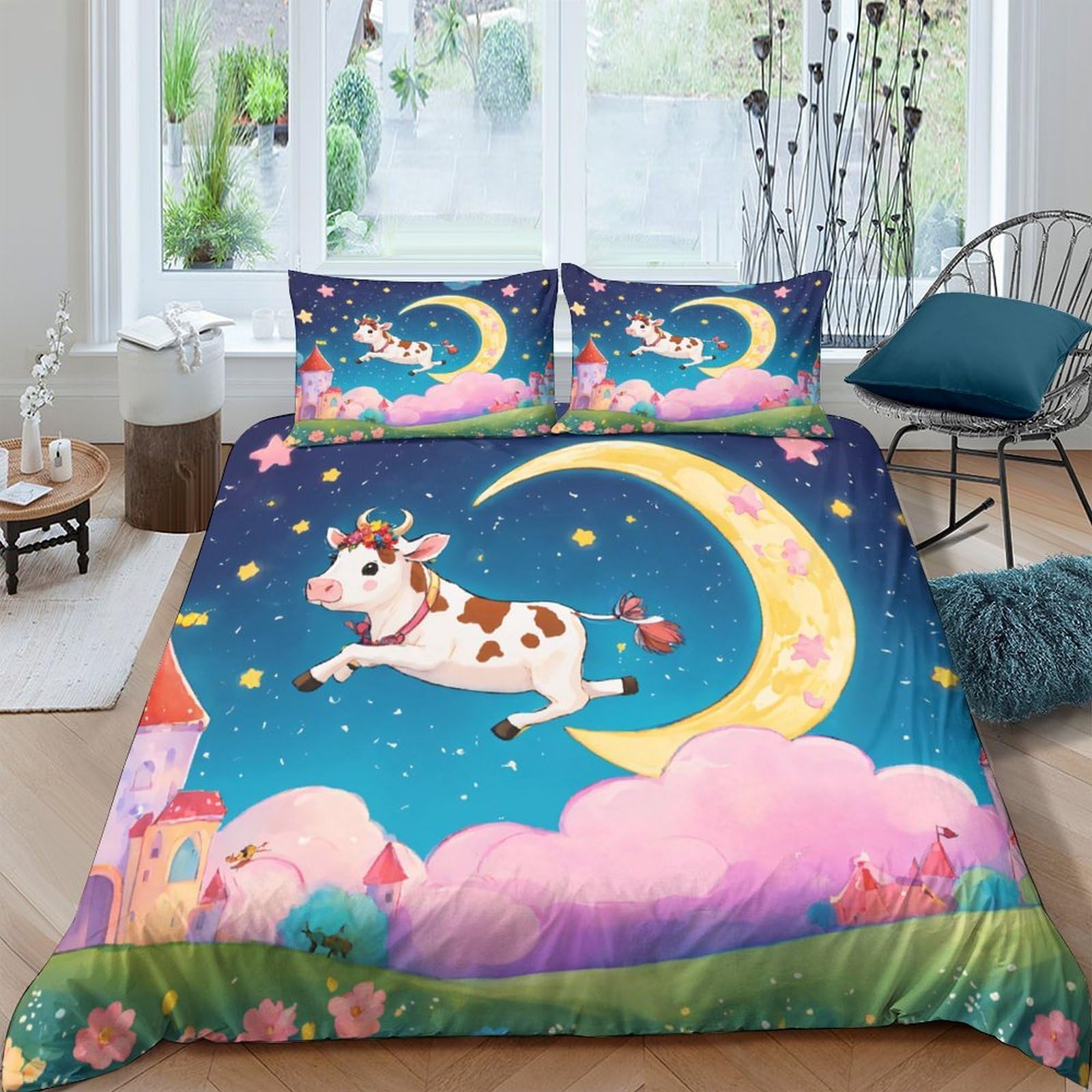 Ctjqhvkz Style-5 3D Printed Moon Cow Fitted Sheet Microfiber Soft Cartoon Cloud Bed Cover For Bedroom Guest Room Decor Easy Care Single（135X200cm）