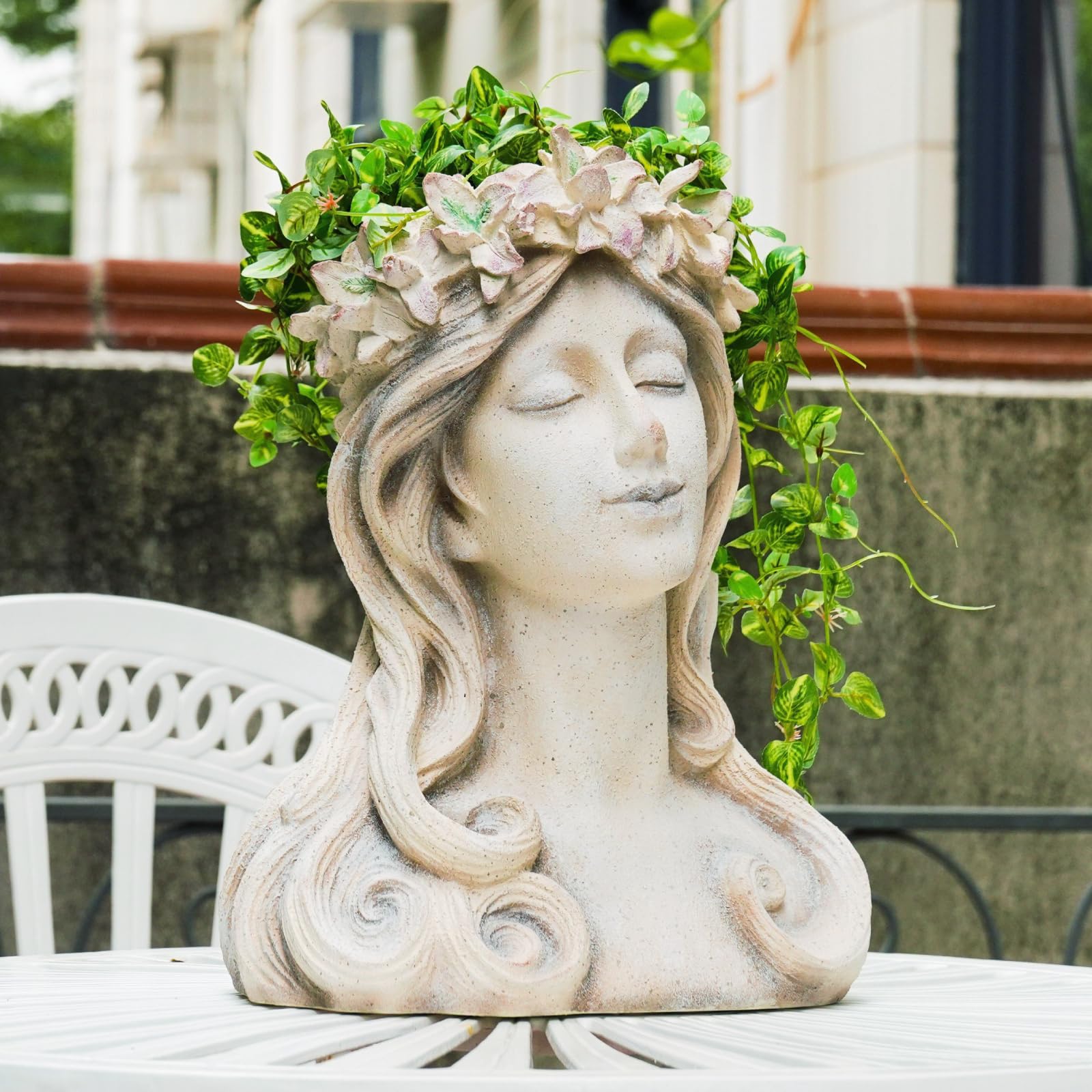 Head-Planter - Face Flower Pot - Garland Girl Bust Flower Planter - 8.25Inch Garden Resin Face Planter with Drainage Hole for Indoor and Outdoor Plant Closed Eyes 11.5 * 8.25 * 14 Inch