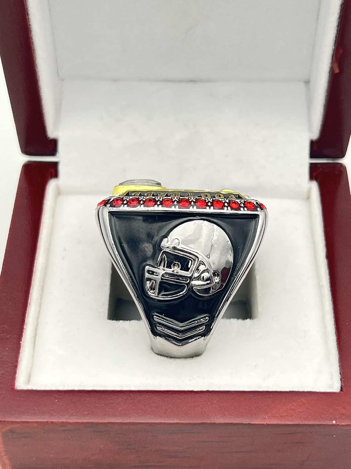 Discount Sports Rings USA Deluxe Football Championship Award/Football Player Ring/Team Award/Gunmetal Body Assorted Color and Gemstone (9, Champion, Red)
