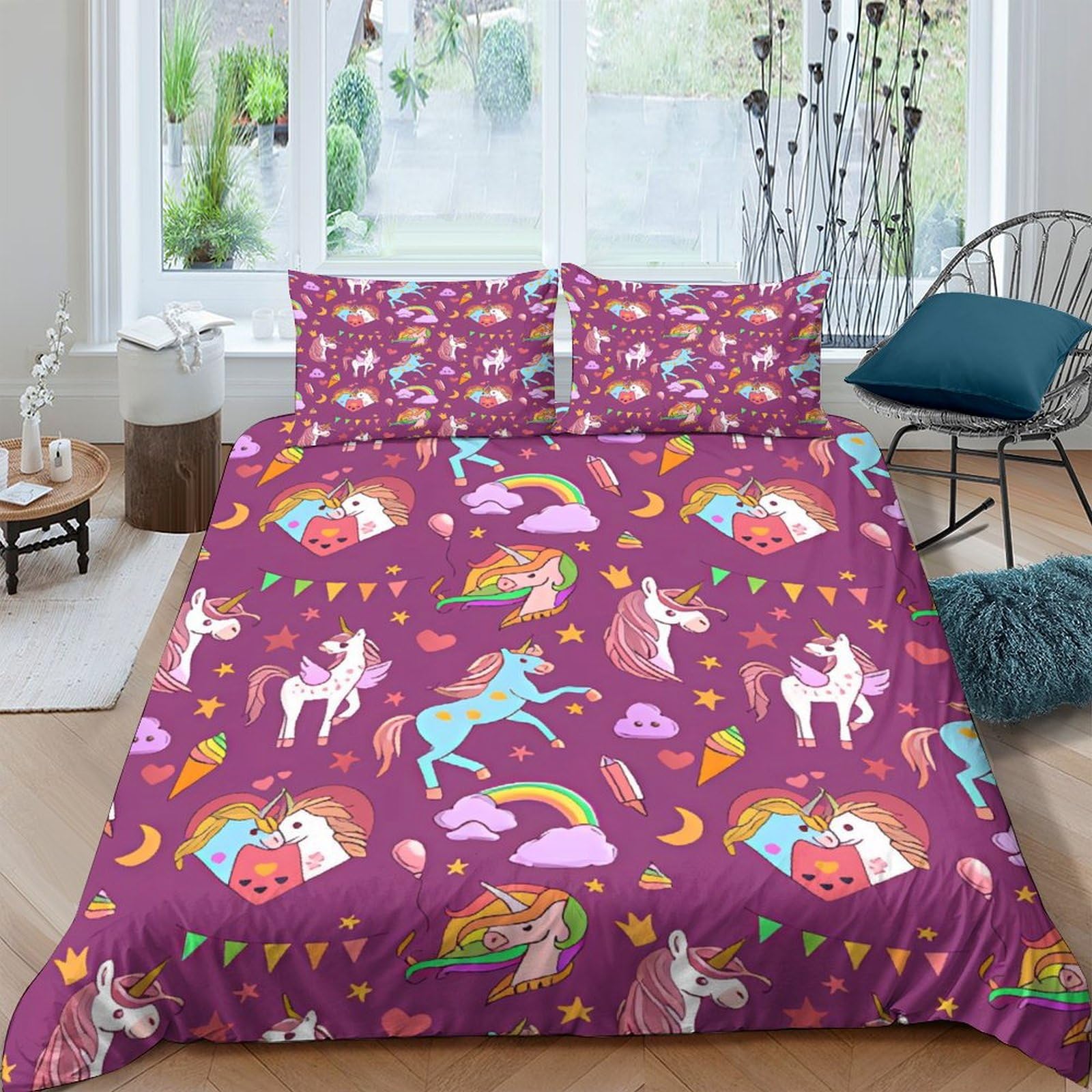 Housse de couette licorne arc-en-ciel 3D pour chambre d'enfant