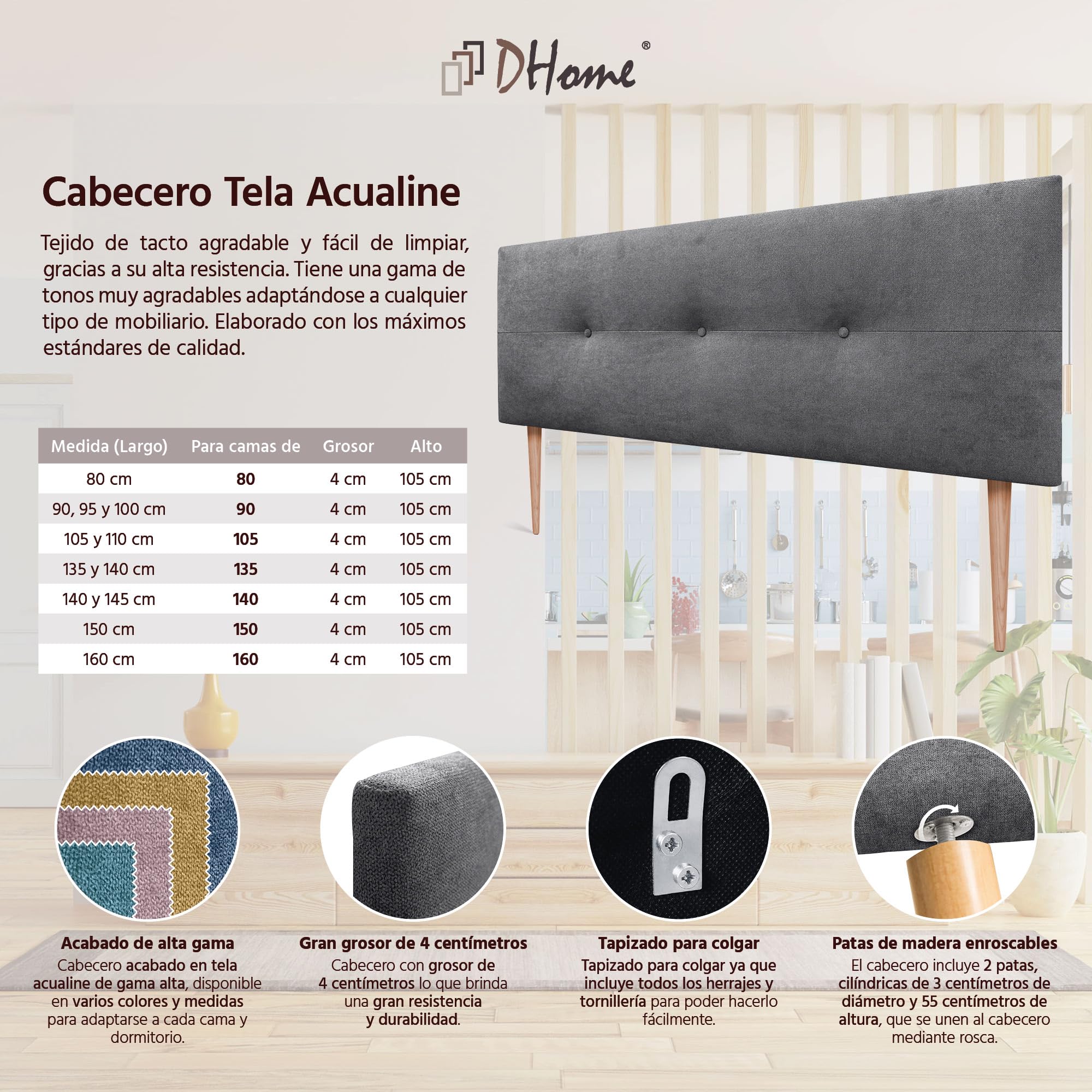 DHOME Tête de lit en Similicuir ou en Tissu AQUALINE Pro Haute qualité d'ameublement Gamme DE Couleurs Nouvelles Tête de lit Deluxe (Tissu Gris Cendré, 160x105cm avec Pieds (Lits 150/160))
