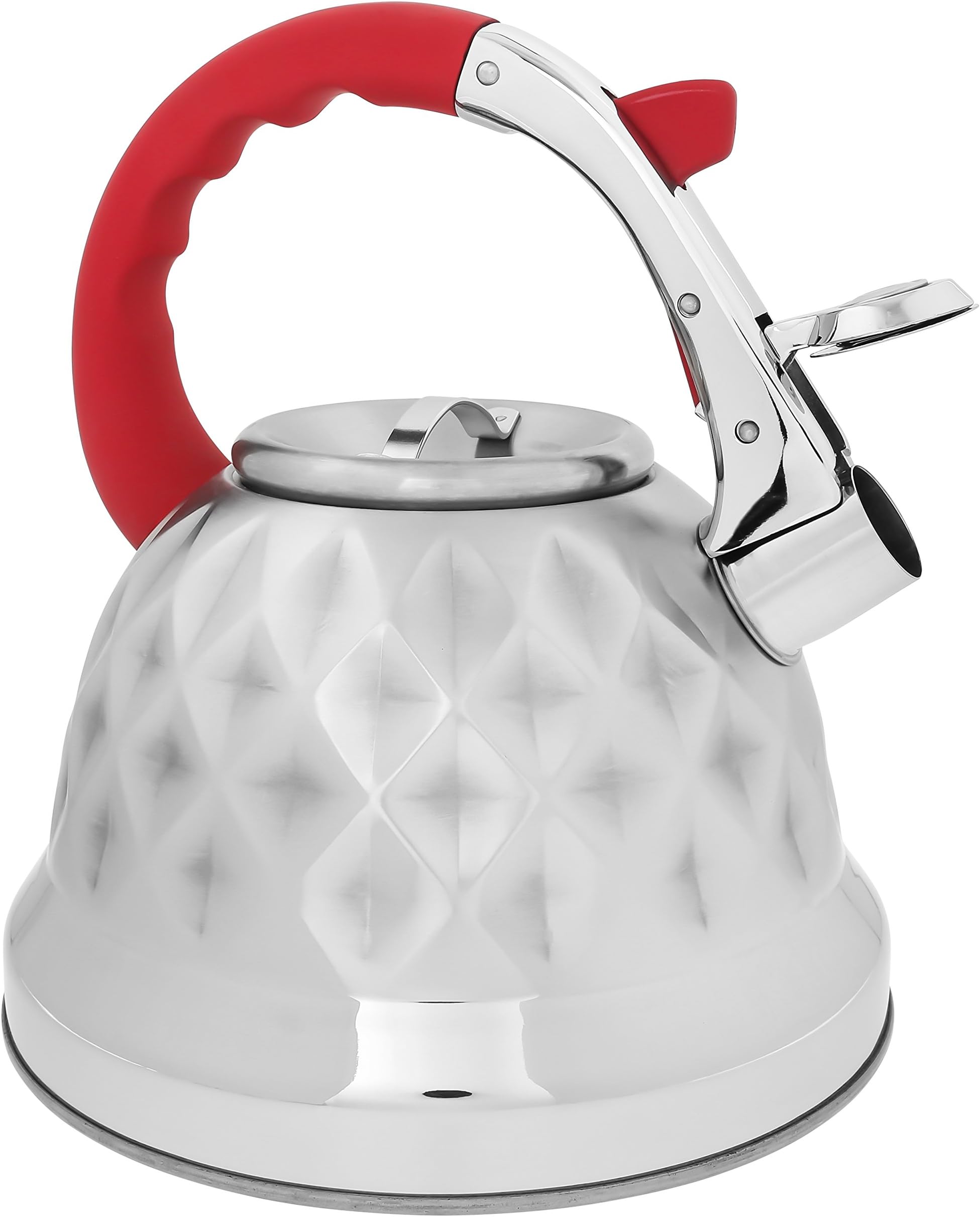 Red Whistling Tea Kettle Pot - Aviation Grade Stainless Steel for All Stovetops with Layered Capsule Bottom for Faster Water Boiling When Preparing English Tea or Coffee, 3.2 Liters