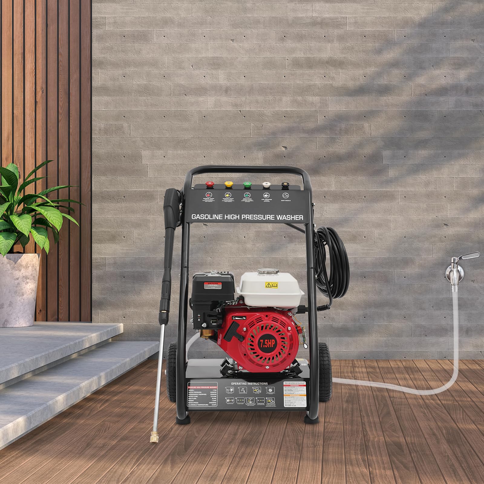 Benzynowa myjka wysokociśnieniowa 2200 PSI 7 KM 5 dysz 170-190 bar | Z pompą osiową, moc tłoczenia 2,3 Gpm, opony pneumatyczne, zbiornik na mydło i szybkozłączka do wszechstronnego czyszczenia