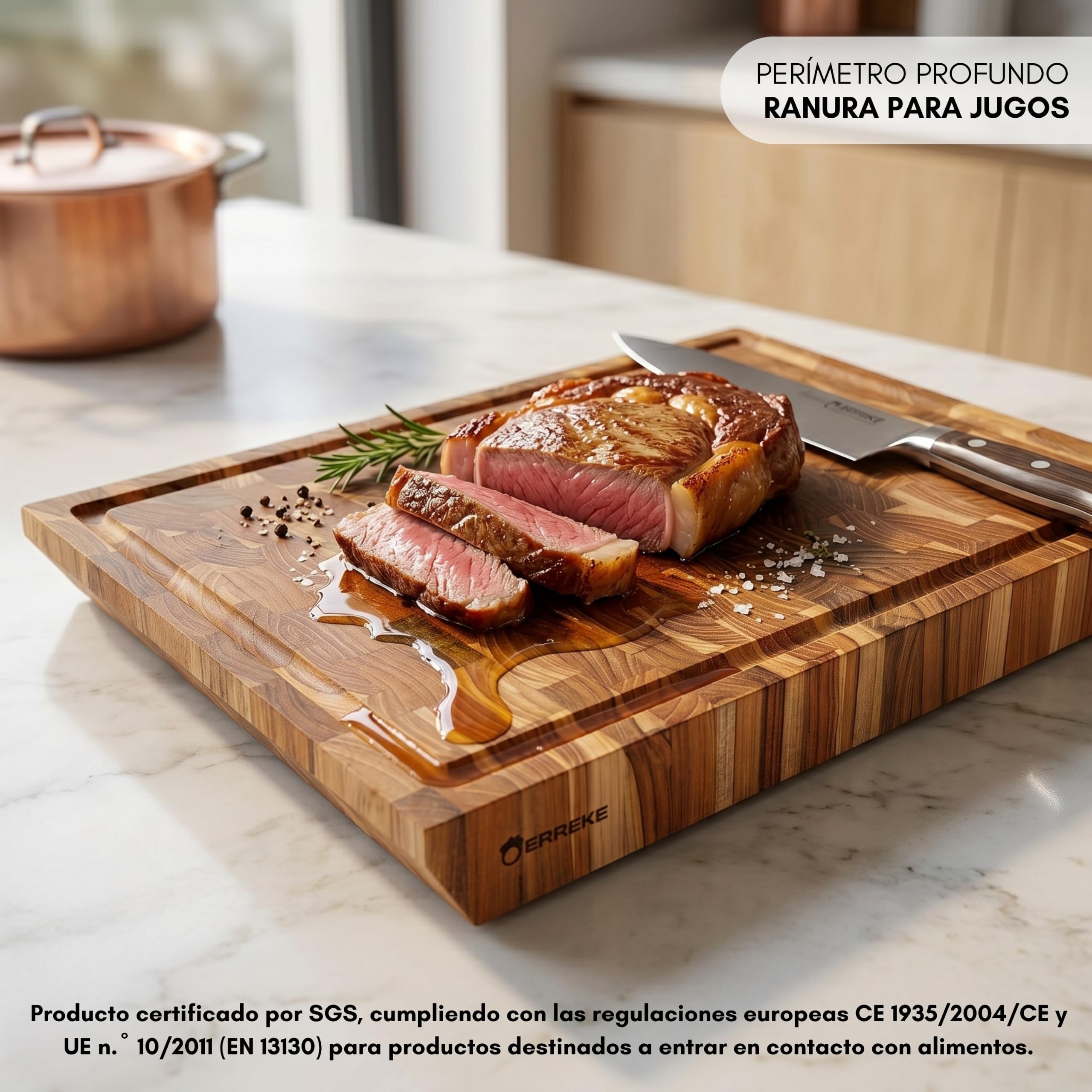 Erreke Tabla de Madera de Teca End Grain, 50x35x5 cm, Grande y Gruesa | Tipo Bloque Carnicero con Ranura. Patas Antideslizantes y Asas Biseladas. Tabla Madera Cocina. Tabla de Servir y Presentación