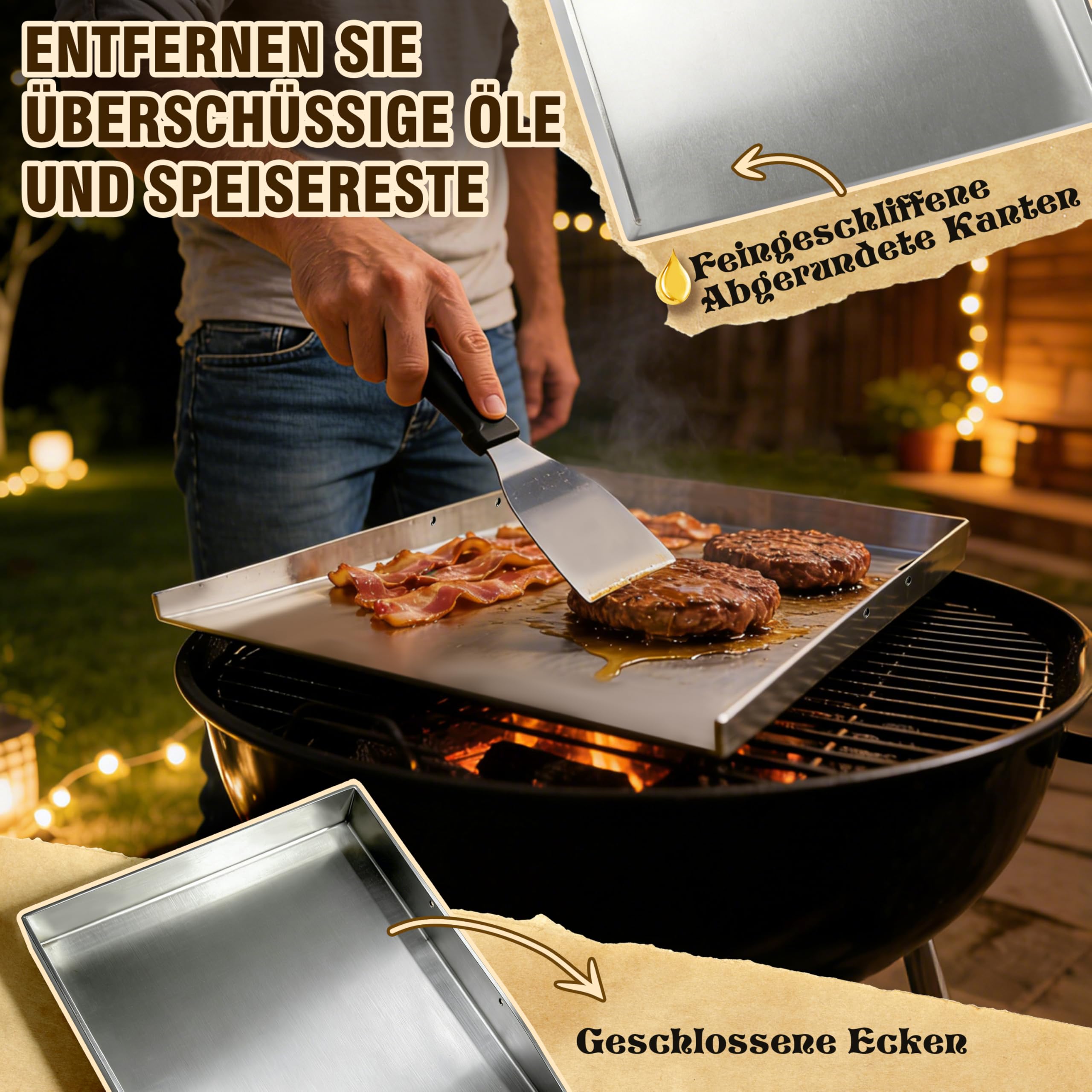 JONRRYIN Plancha Grillplatte Edelstahl [40 x 30cm], 4mm Massive Grillplatte Edelstahl mit Abnehmbarem Griff, Verzugsfreier Plancha Gasgrill mit Grillspachtel Set, Grillmatte für Gas- & Kohlegrill