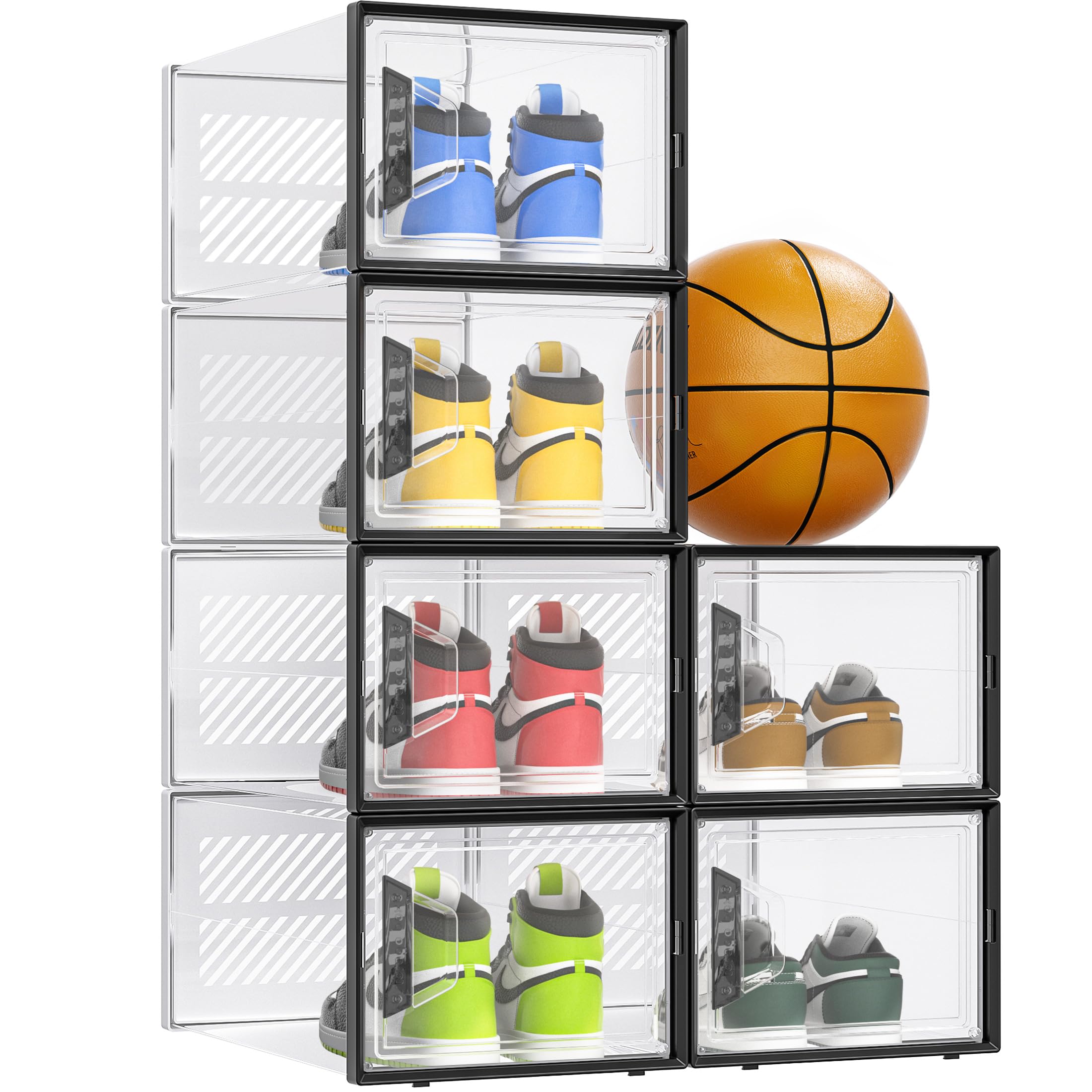 Kuject Clear Plastic Stackable Shoe Storage Boxes for Closet Black, Shoe Organizer Storage Bins with Lids, Clothes Under Bed Shoe Storage Containers For Entryway, Closet Floor, Drop Front, Cubby