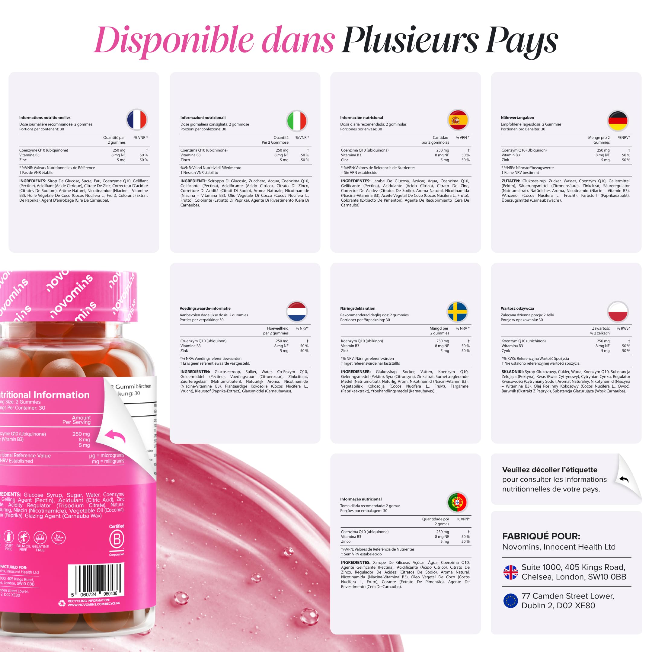 Coenzyme Q10 Gummies – 250 mg de CoQ10 + Niacine & Zinc – Énergie, Moins de Fatigue & Système Nerveux – Végan, Sans Gluten – Goût Orange – 60 Gummies – Novomins