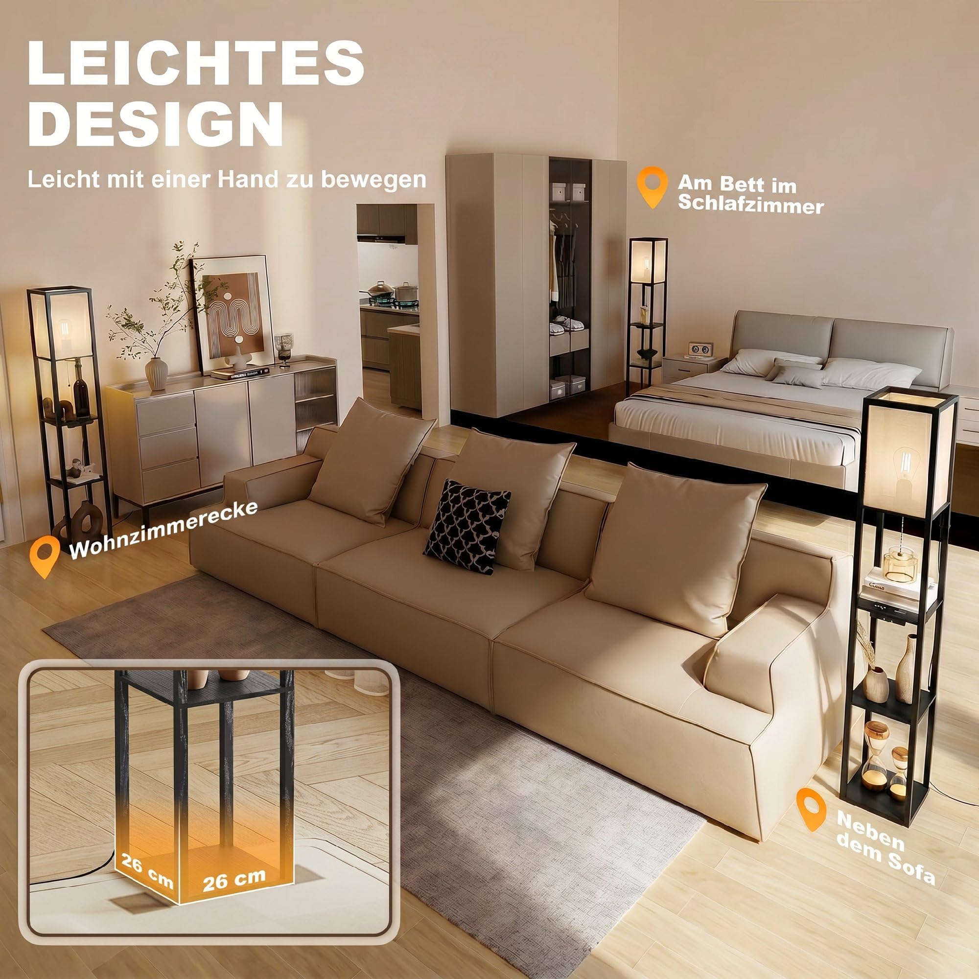 HOMCOM LED Stehlampe mit Regalen, Wohnzimmer Stehleuchte mit E27 Schwarz | Fassung bis 40W, USB-Anschlüsse, Standleuchte, Lampenschirm aus Acryl, für Schlafzimmer, Arbeitszimmer, Büro