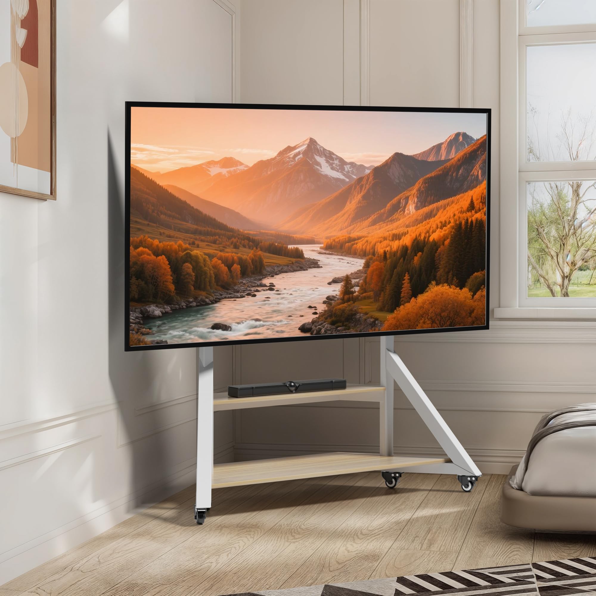 UNHO Supporto TV da Pavimento con Ruote Bianco: Supporto TV Mobile con Rotelle per 65-100 Pollici, Peso Max 100kg Base Solida per Schermi Giganti, Max VESA 800x600mm, Regolabile in Altezza