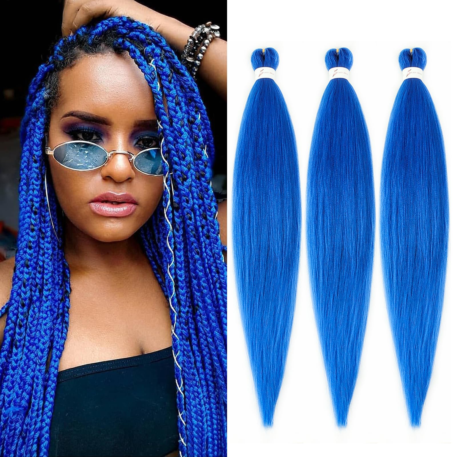 Blue Braiding Hair Pre stretched 16 Inch 3 Packs Pre-stretched Braiding Hair EZ Braid Yaki Texture Synthetic Hair Extensions for Crochet Box Braids