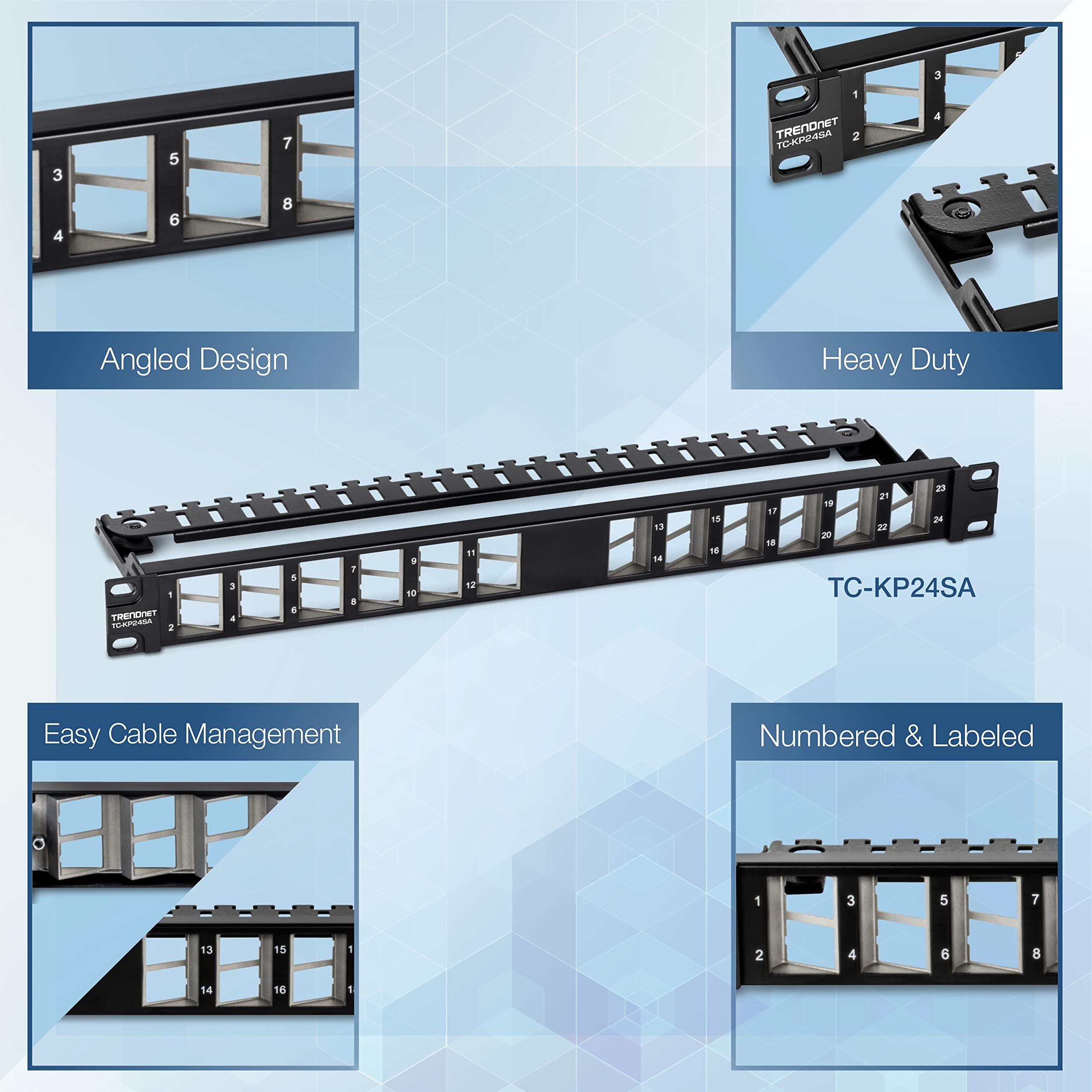 TRENDnet, TC-KP24SA, Panneau de Connexion Keystone blindé 1U Angulaire, Vierge et à 24 Ports, STP, Cat6A, Cat5, Cat5e, Cat6, Conception de Montage en Rack 19"