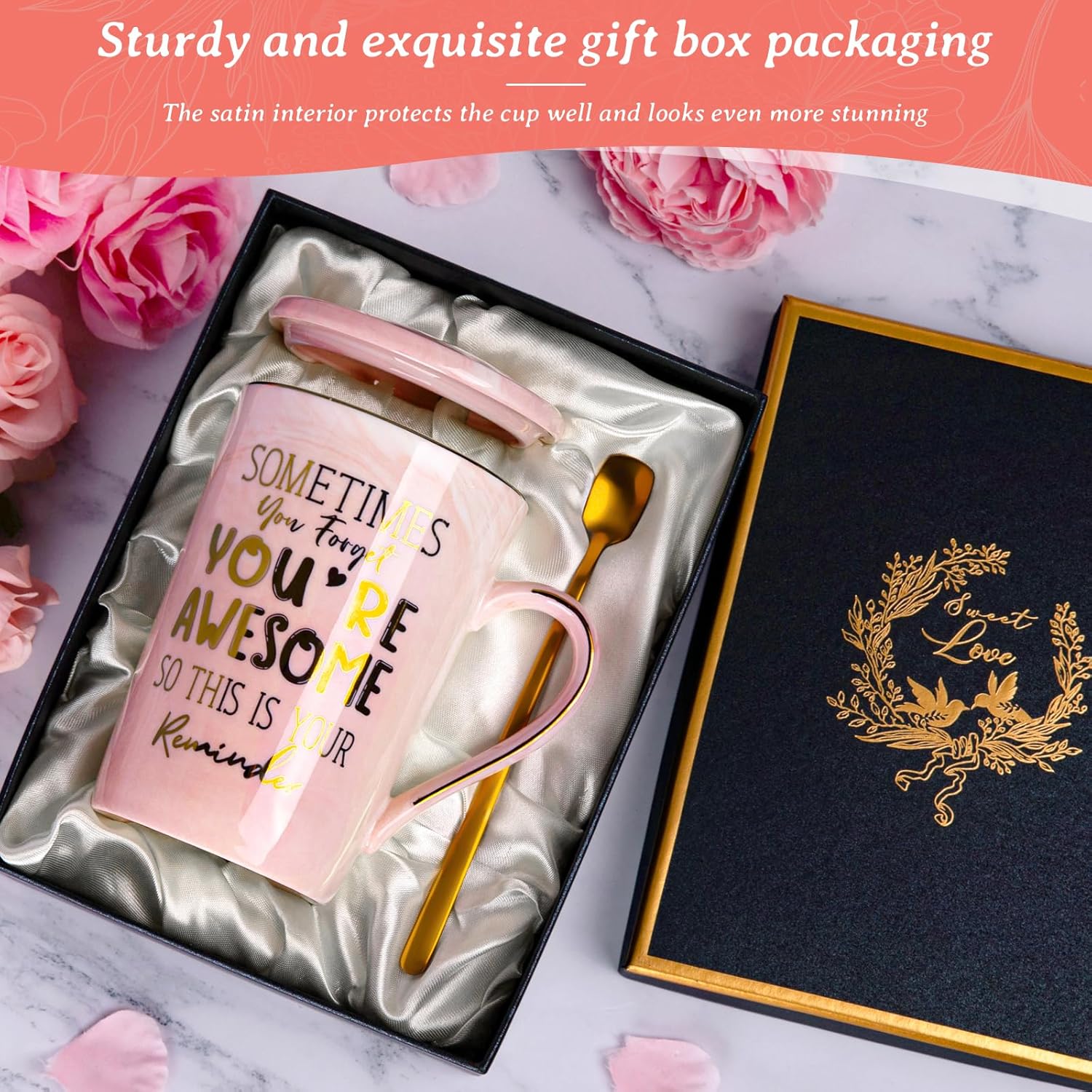 Birthday Thank You Gifts for Women, Sometimes You Forget You're Awesome Coffee Mug, Inspirational Christmas Gift for Her, Boss Lady Employee Coworker, 14oz Pink Marble Gold Print Cup, Nice Gift Boxed - Image 6