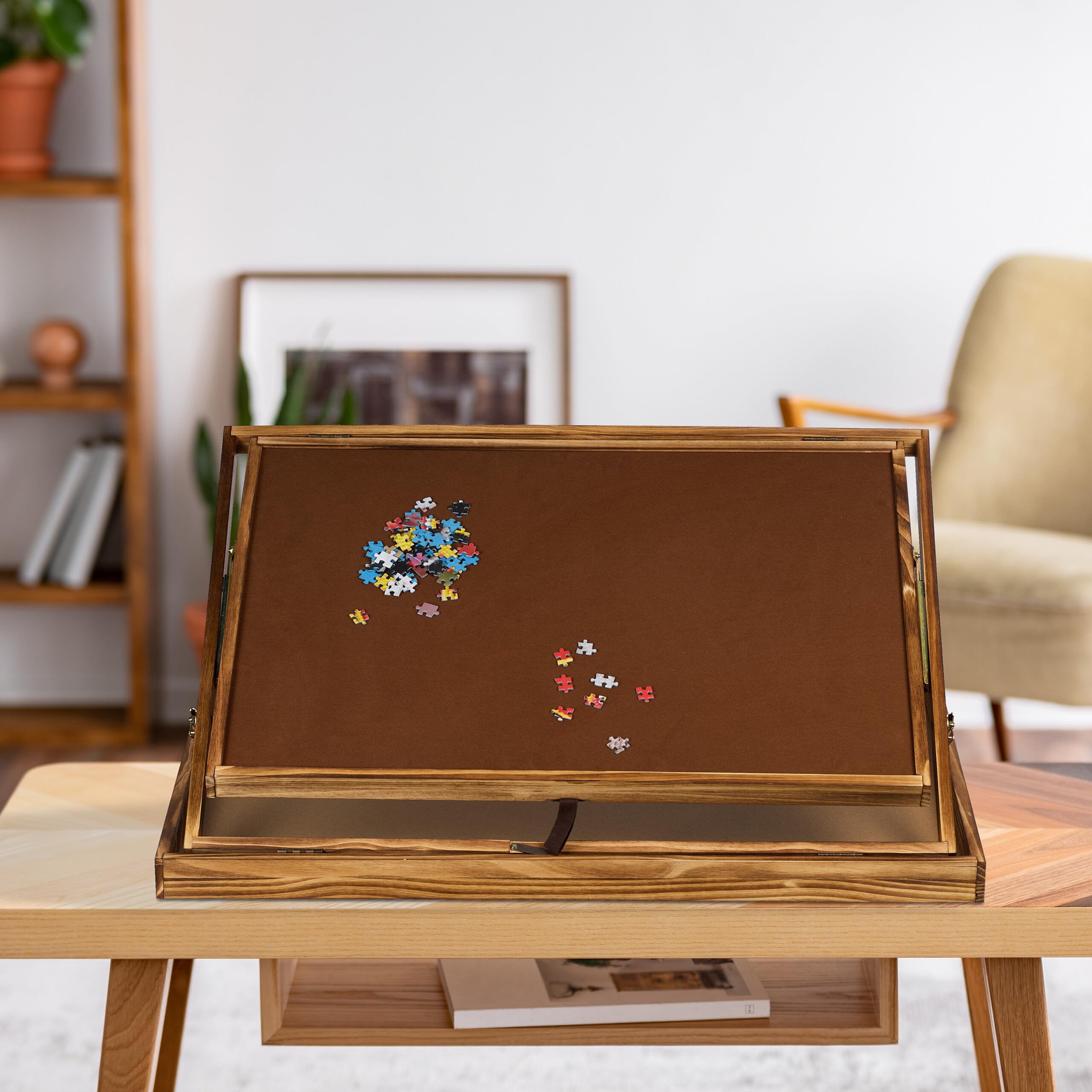 Relaxdays Stół do puzzli, dwustronna półka na 1000 i 1500 elementów, z regulacją wysokości, drewniana deska do puzzli, kolor brązowy