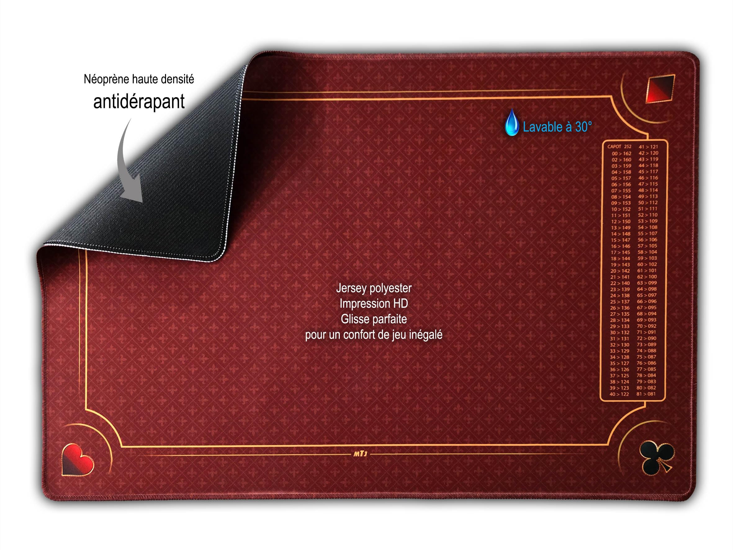 MTJ - Tapis Belote de Luxe Galonné - 60x40 cm - Matière Jersey Néoprène - Fabrication Française (Rouge)