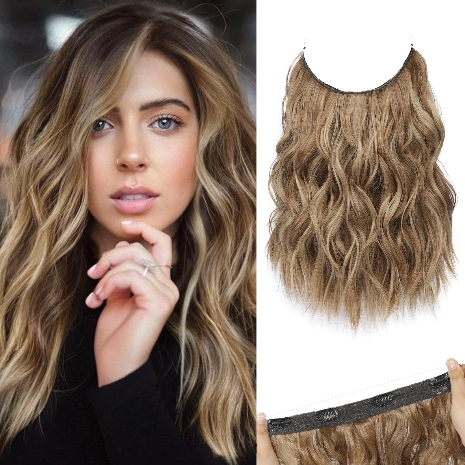 REECHO Invisible Wire Hair Extensions with Thinner Softer Lace Weft (Light Reddish Brown with Highlights, 12 Inch (Pack of 1))