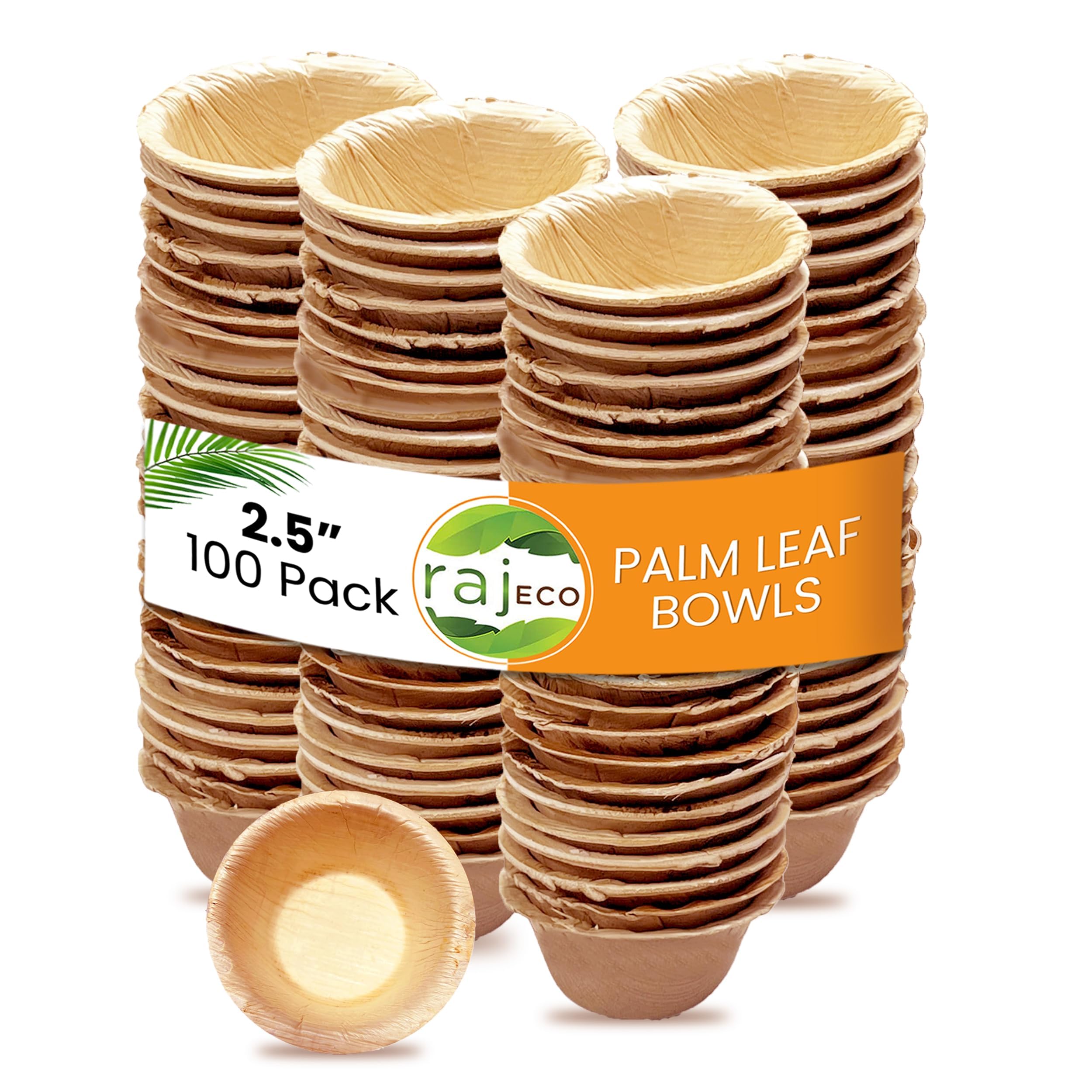Raj Disposable Palm Leaf Strong Bowl Like Bamboo Party Bowl - Decorative Compostable Tableware for Lunch, Dinner, Birthday, Camping, Outdoor, Picnic, Parties (2.5" Round Bowls, 100 Pack)