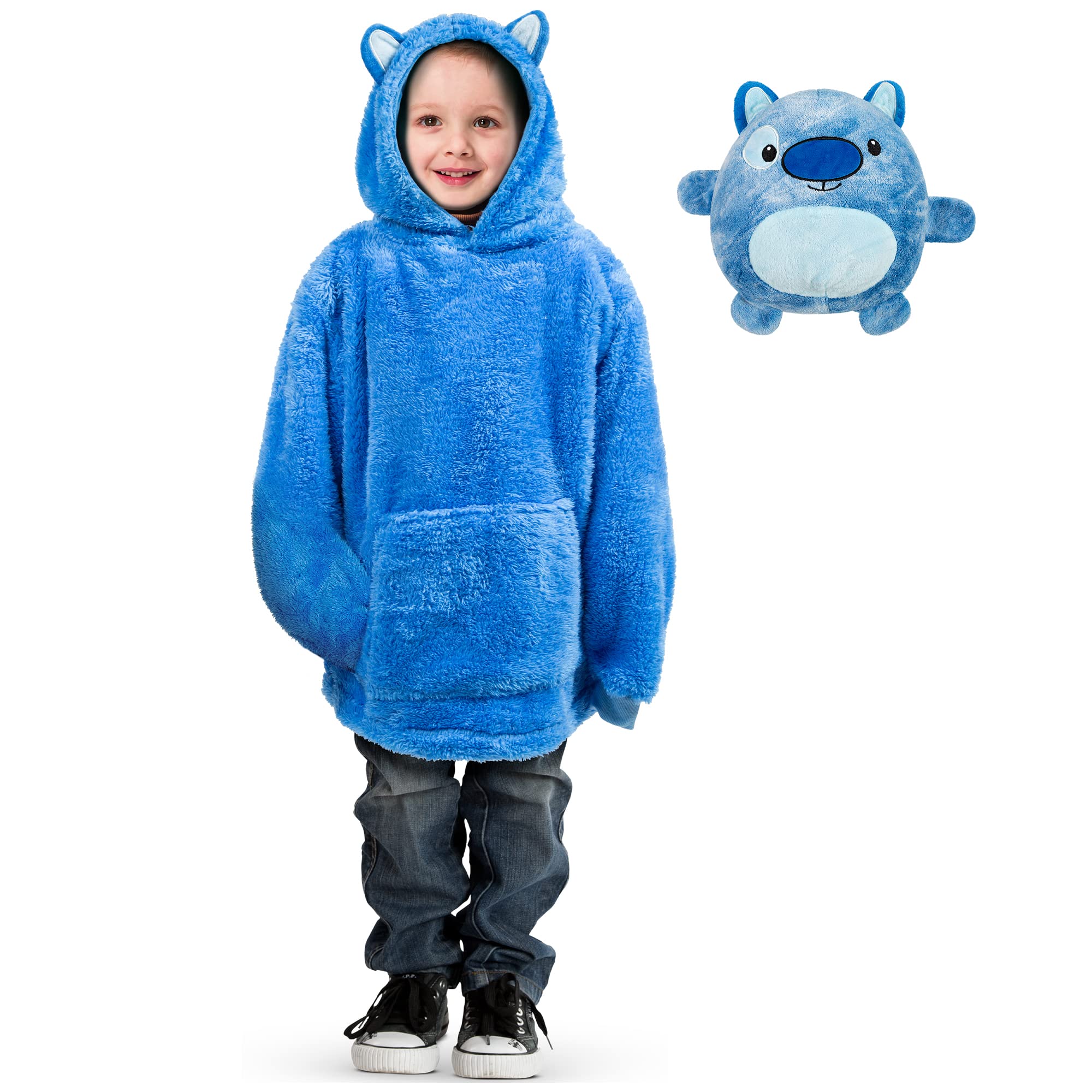 Albert Austin Oversized Kids Blanket Hoodie 2-in-1 Animal Hooded Blanket with Pet Toy Kids Pet Hoodie Blanket with Large Pocket Snuggle Blanket for Girls and Boys Machine Washable(Blue Dog)