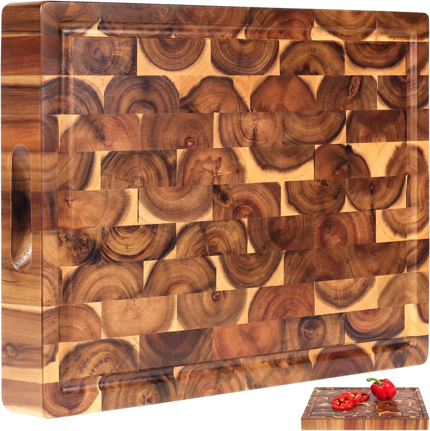 XL Acacia End Grain Wood Cutting Board (20x15x1.5in) Acacia Wooden Cutting Board, Butcher Block, Chopping Board - Reversible Multipurpose For Kitchen with Juice Groove, Cracker Holder & Inner Handles. 20"L x 15"W