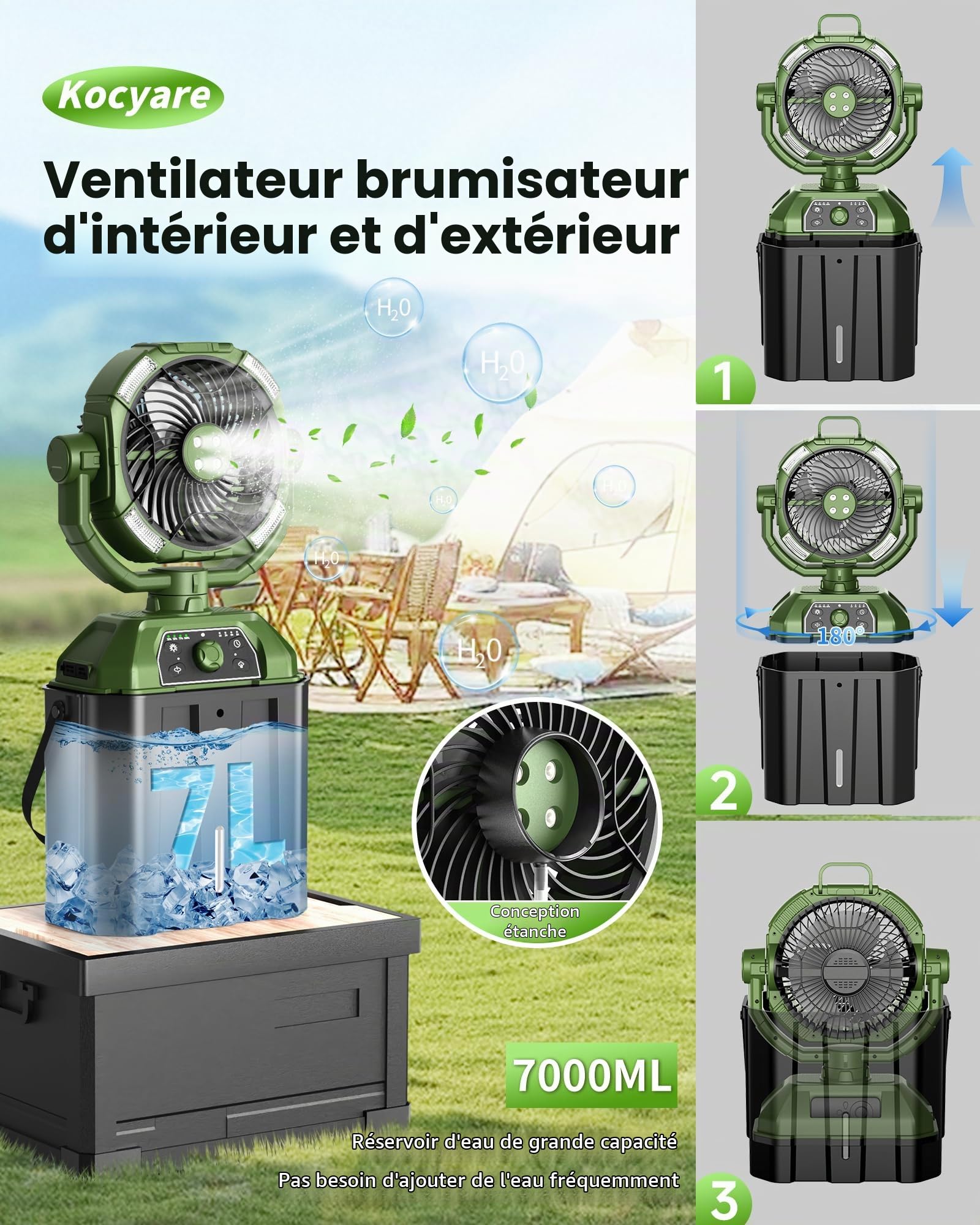 Ventilateur brumisateur avec seau de 7 L, ventilateur de camping rechargeable de 25 000 mAh, vitesse variable en continu, ventilateurs d'extérieur de 25,4 cm pour terrasse/camping, ventilateur de