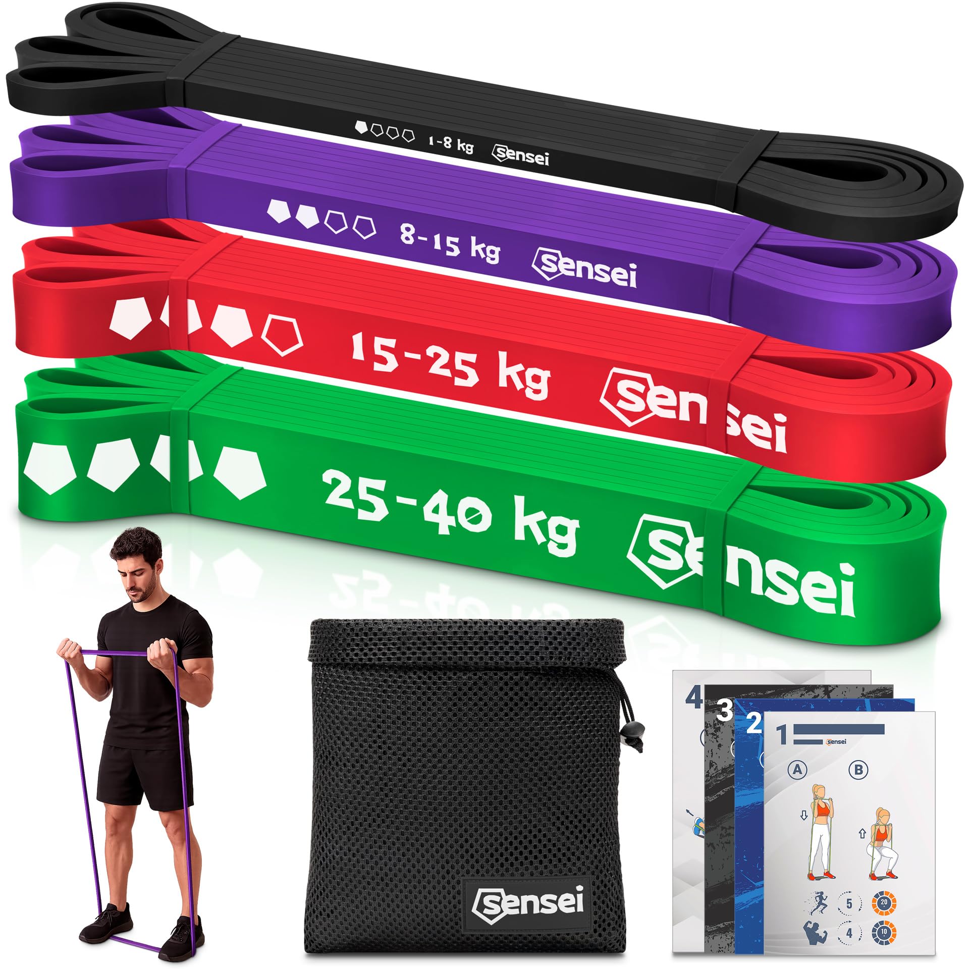 SENSEI Gym Bänder Set (1-40 kg) – Widerstandsband für Krafttraining & Gymnastik – Inkl. E-Book & Tasche – 4er Set