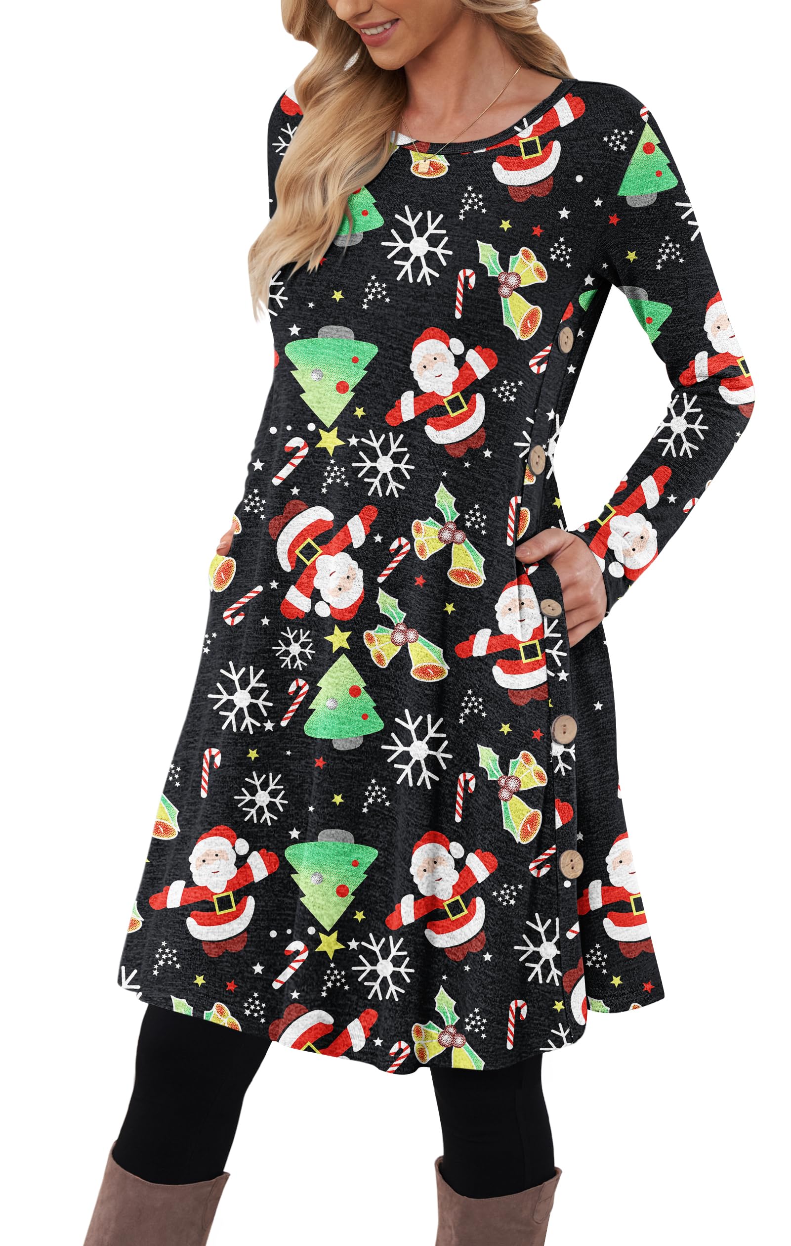 Molerani Women's Z Santa Claus Jumper Dress For Long Sleeve Dress Button Tunicdress With Pockets Santa Claus Size 16-18 L