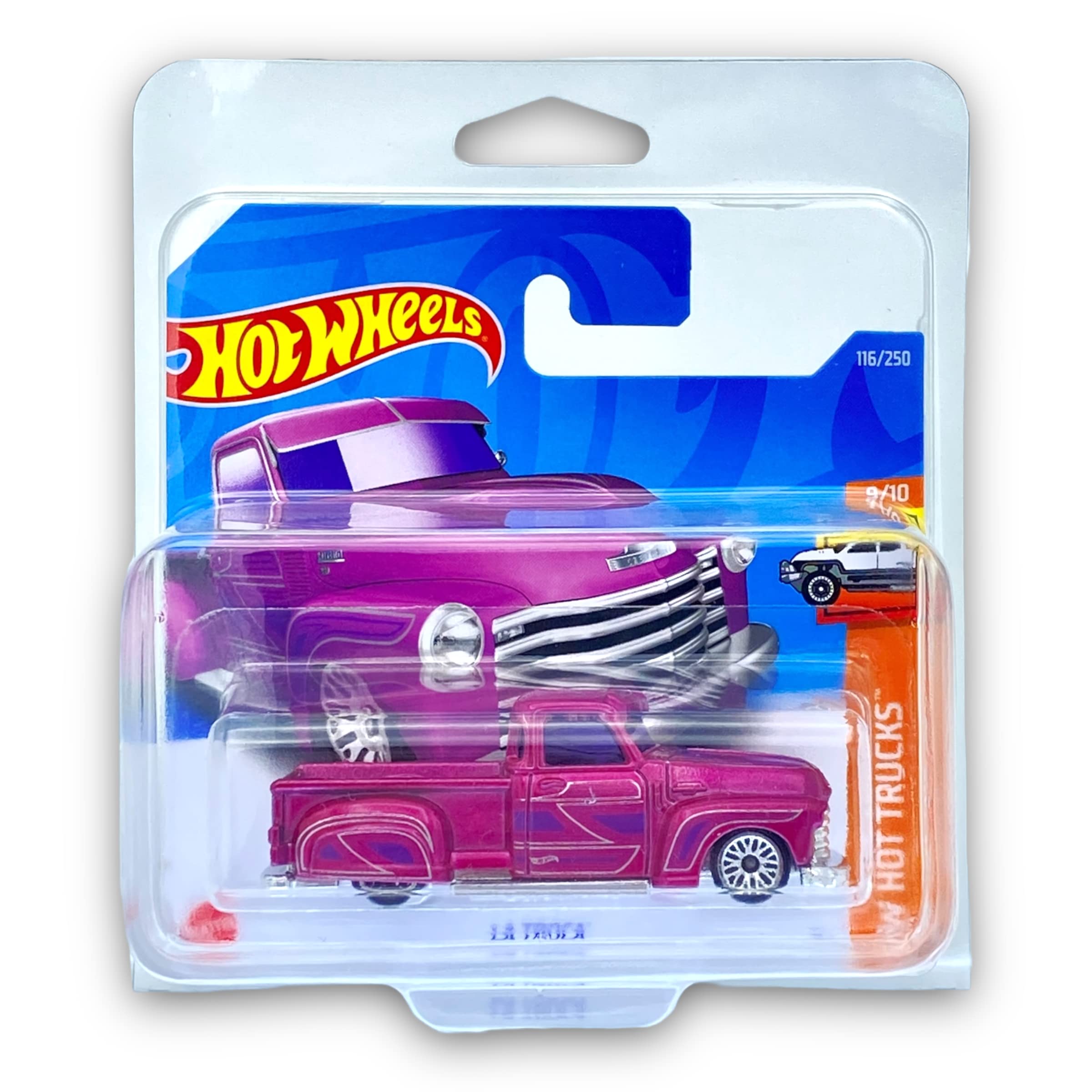 Hot Wheels La Troca (Pink) 9/10 HW Hot Trucks 2022 - 116/250 (Short Card) - COMES IN A KLAS CAR KEEPER PROTECTIVE COLLECTORS CASE - HCX77