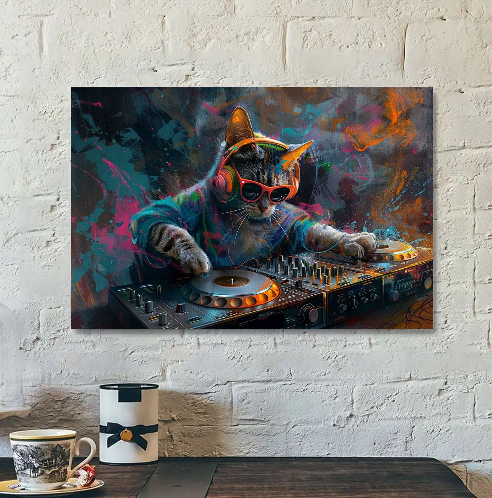 Amazon.com: DINHVBIEN9322 Canvas Print Wall Art- Cat Play DJ in