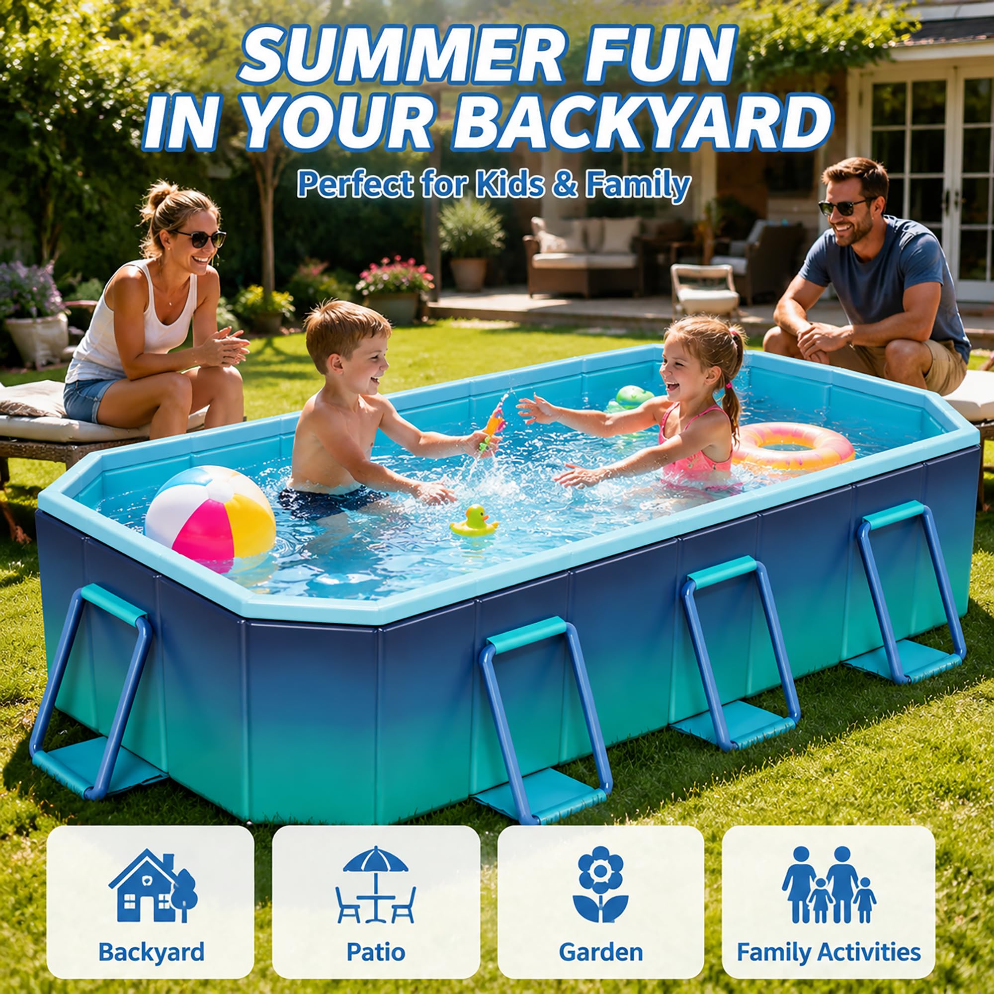 Piscina Fuori Terra Bambini Pieghevole, Piscina Rettangolare Giardino | Piscina Rigida Senza Gonfiaggio, Struttura Stabile, Scarico Rapido, Piscina Familiare da Esterno(116.1in)