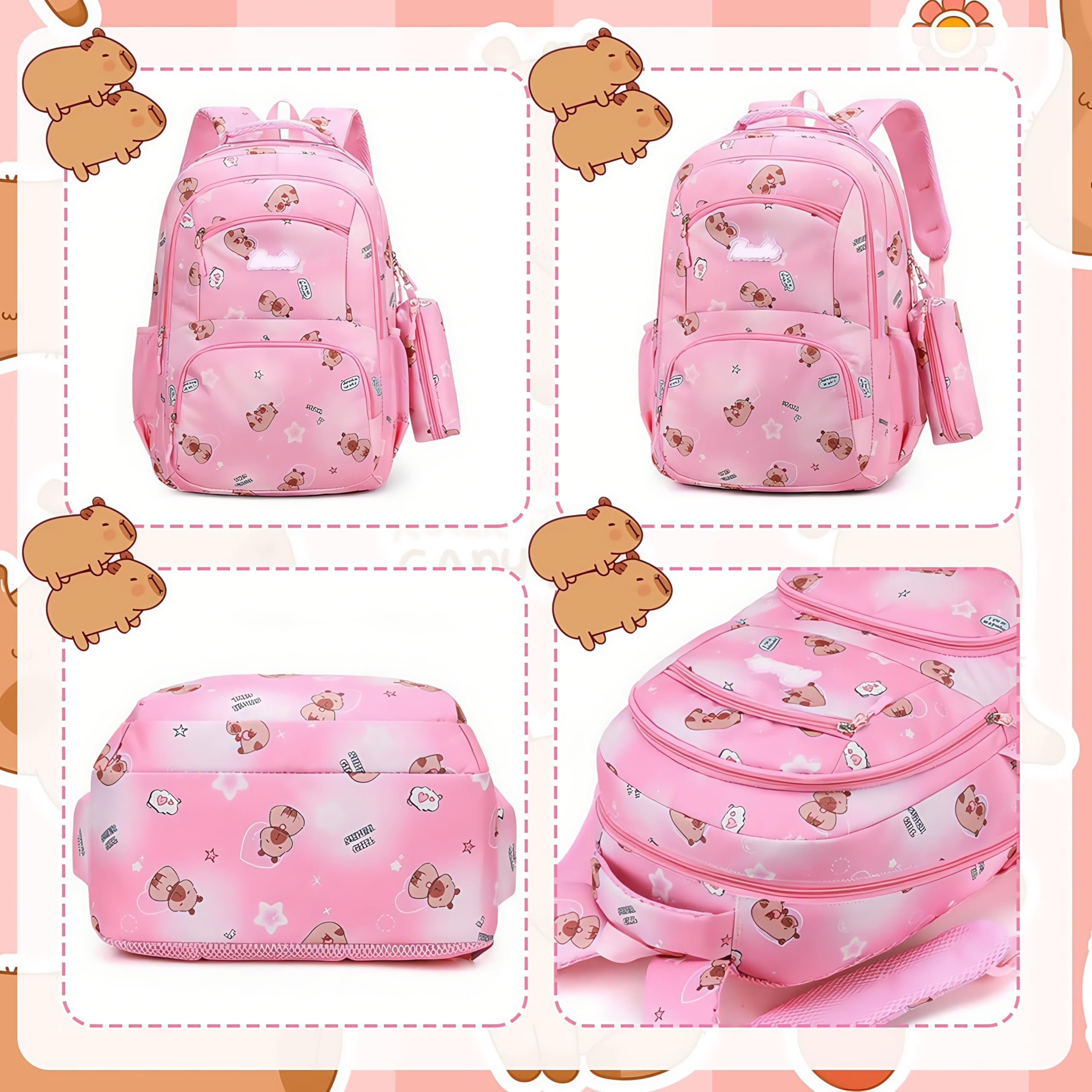Zaino Scuola Bambina Rosa con Trousse Coordinata Stampa Capybara 3 Scomparti Grandi Tasche Interne Spallacci Regolabili Zaino Oxford Impermeabile per Scuola Elementare Asilo Bambine (Rosa)
